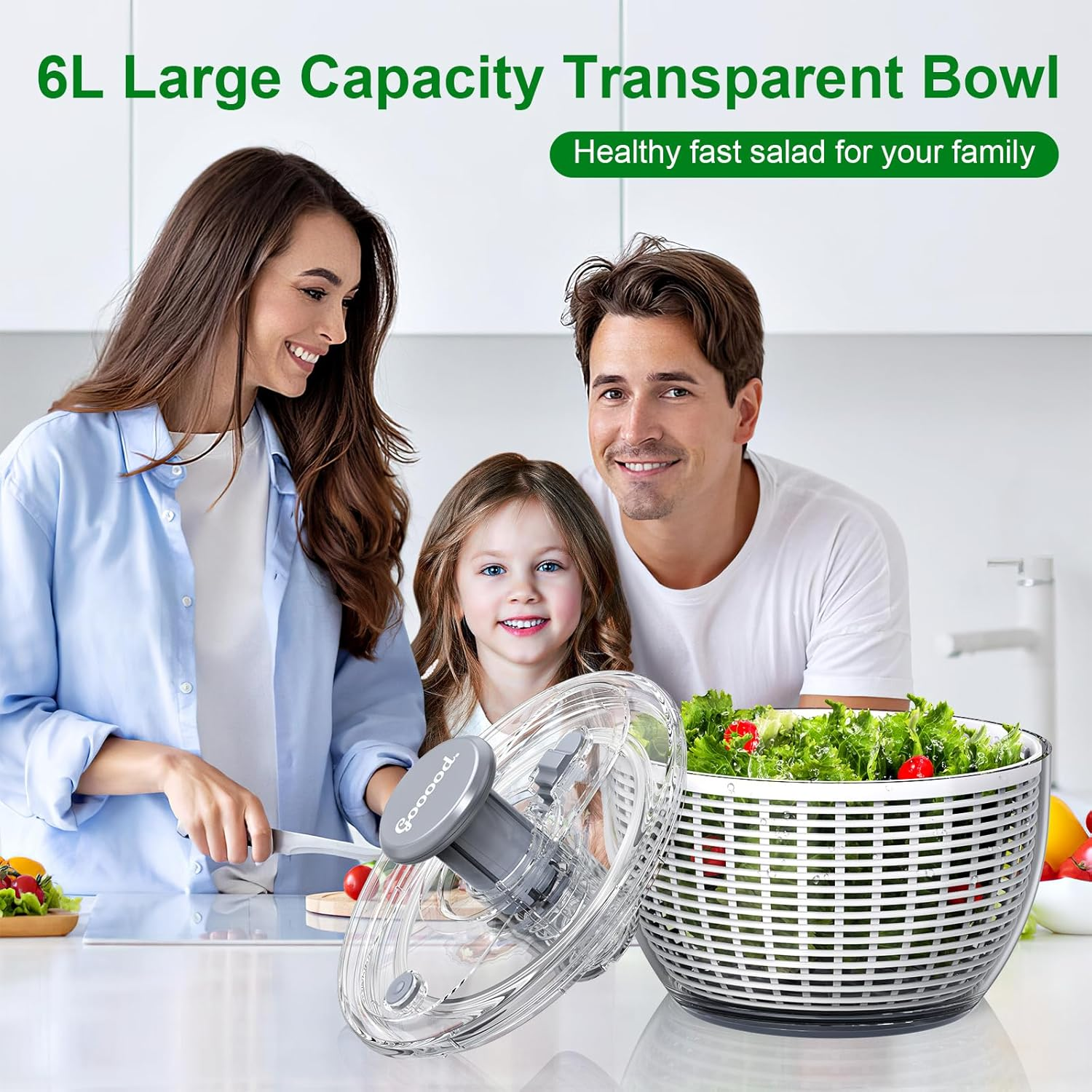 Gooood Salad Spinner, Lettuce Spinner with 6 Litres Large Colander, Fruit and Vegetable Wash Spinner Dryer, One-Handed Good Grips Transparent Snack Spinner and Lettuce Crisper for Health in Kitchen image number 5