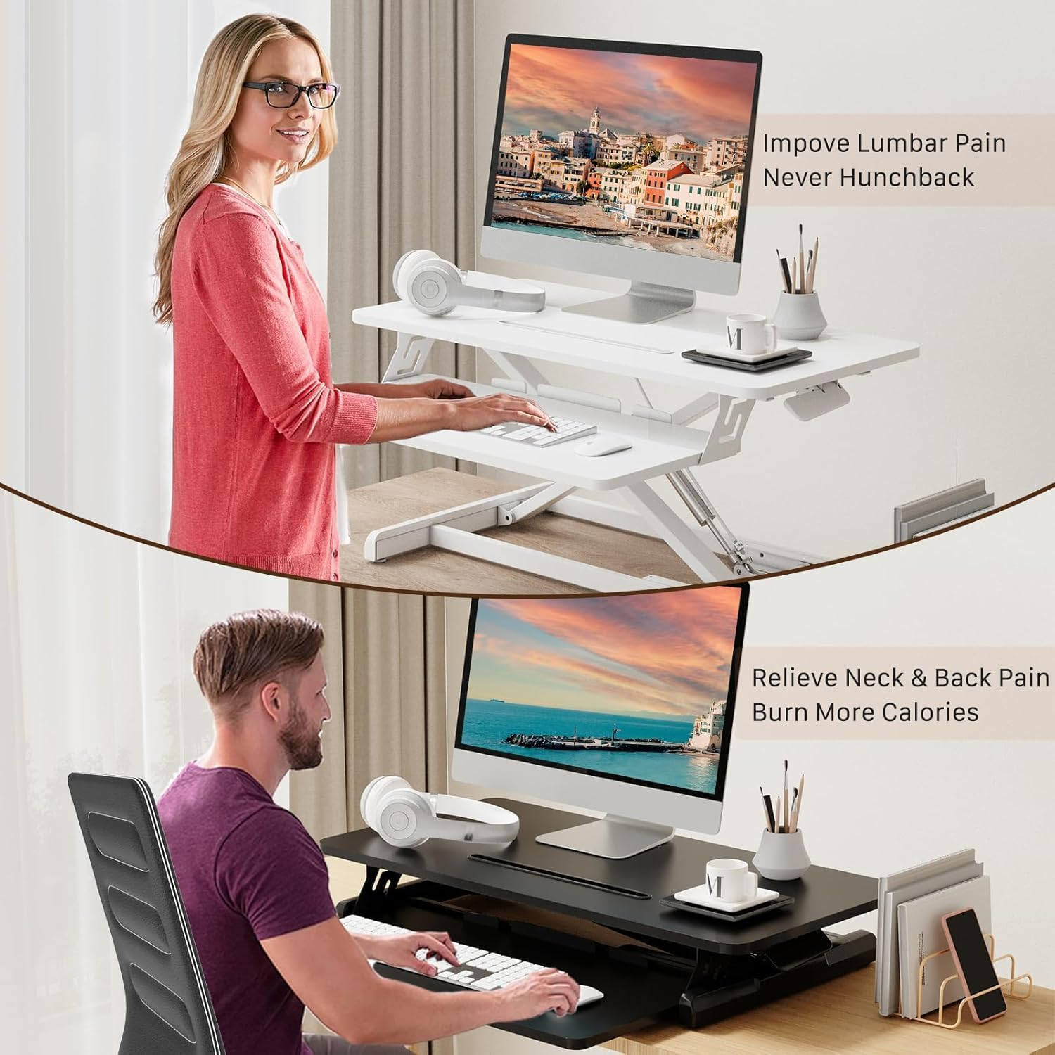 Standing Desk Converter, 40/80Cm Wide Height Adjustable Quick Sit Stand Computer Desk Converter with Keyboard Tray,For Home Office Workstation (White Frame + White Desktop) image number 4