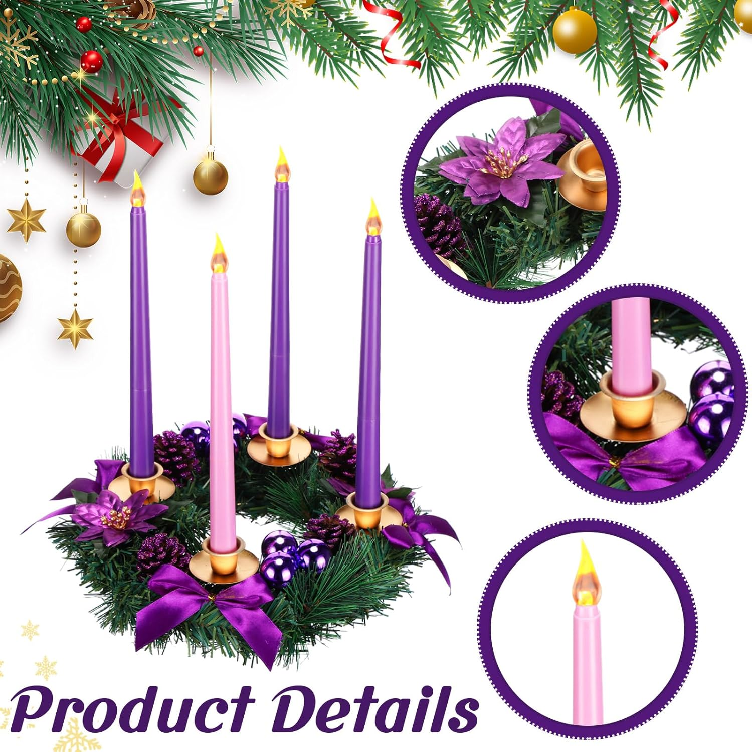 Fumete 2 Set Christmas Advent Wreath 11.8 Inch Purple Ribbon Poinsettia Ball Berry Advent Candle Holder with 8 Flameless Taper Candles for Table Centerpiece Decoration Holiday Party Home Church