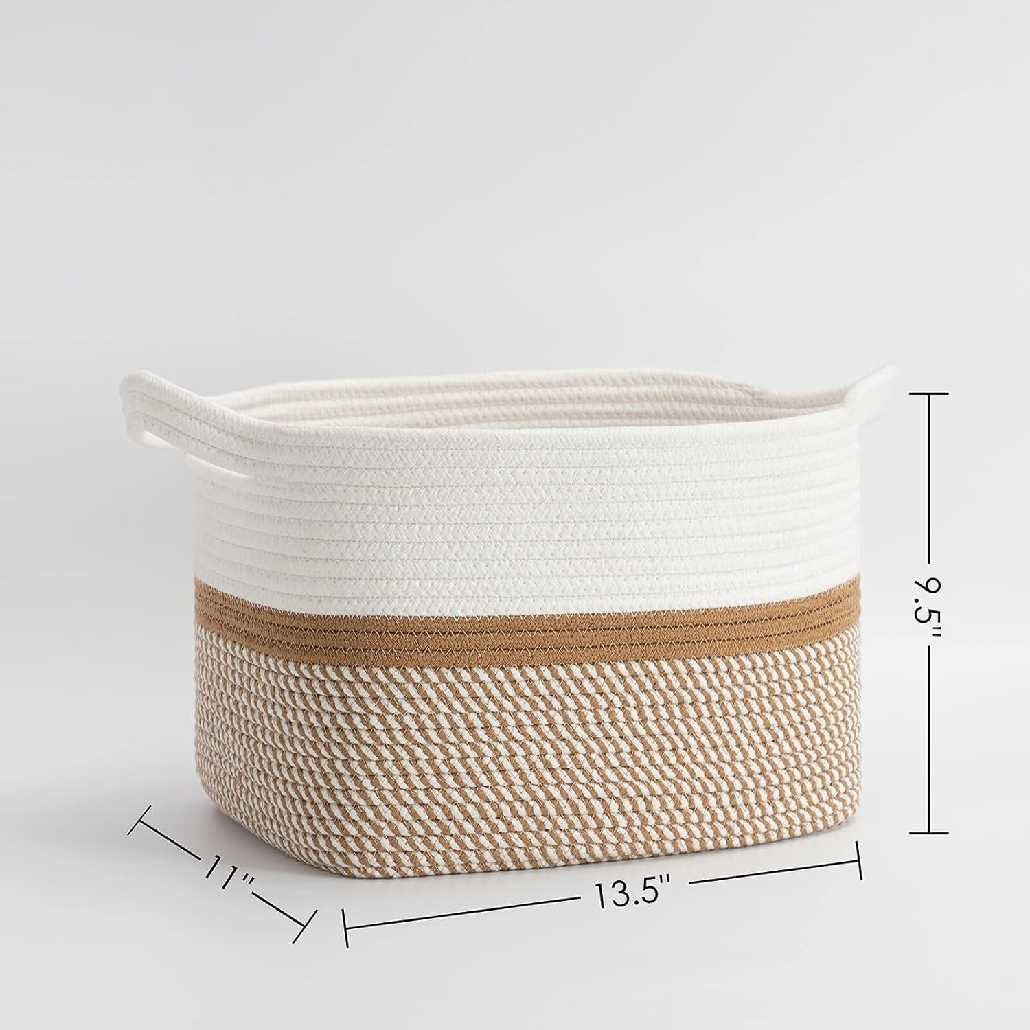 CHICVITA Square Cotton Rope Woven Basket with Handles for Books, Magazines, Toys - Decorative Rectangle Basket for Baby Nursery, Living Room, Bathroom 13.5" X 11" X 9.5", Brown and White - Brown And White image number 5