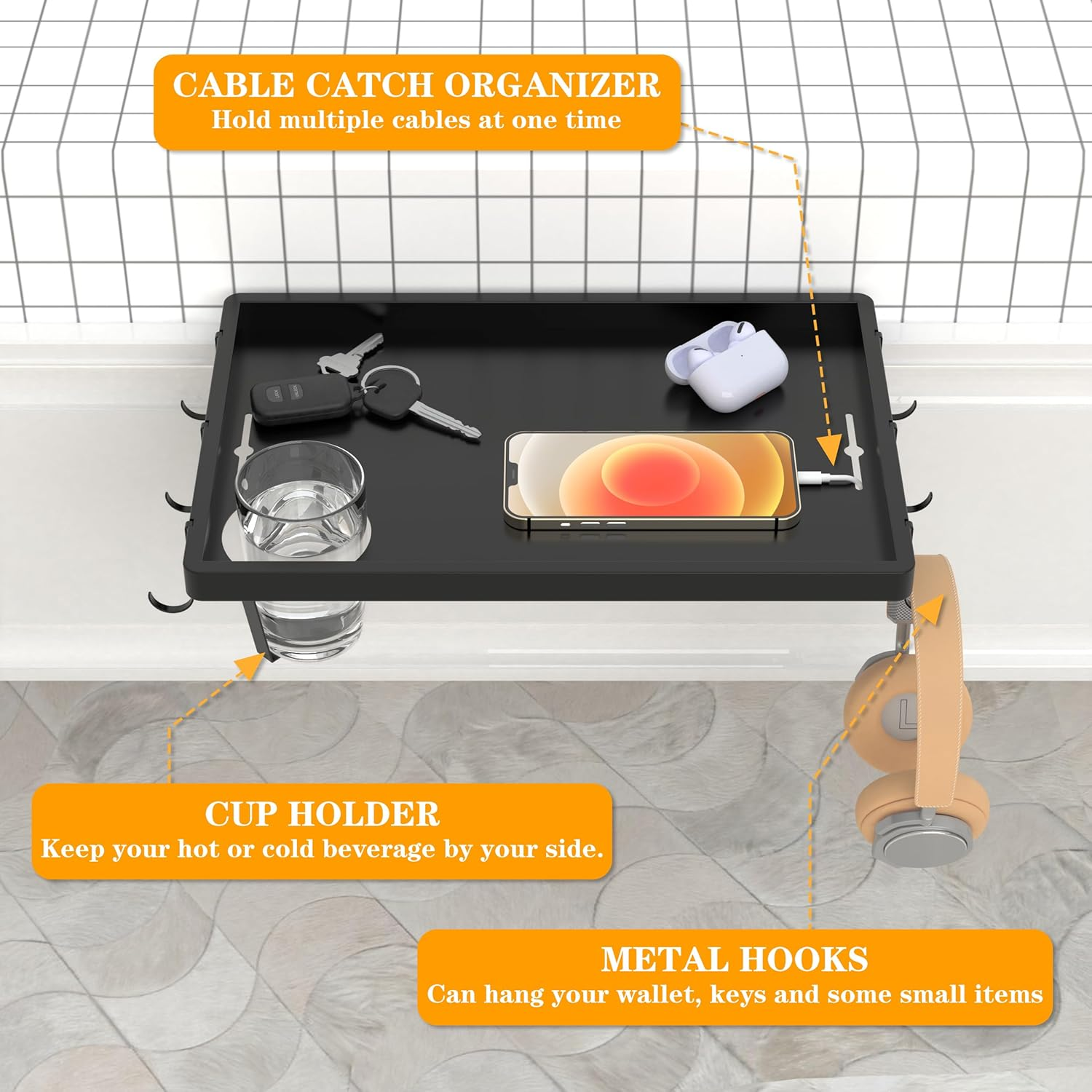 BEAUTME Bedside Shelf for Bed, Sofa Armrest Tray, College Dorm Room, Bunk Bed Shelf/Caddy Top Bunk, Clip on Tray Table for TV Dinners, Remotes, Drinks and Snacks, 38.1 * 25.4Cm, Black image number 5