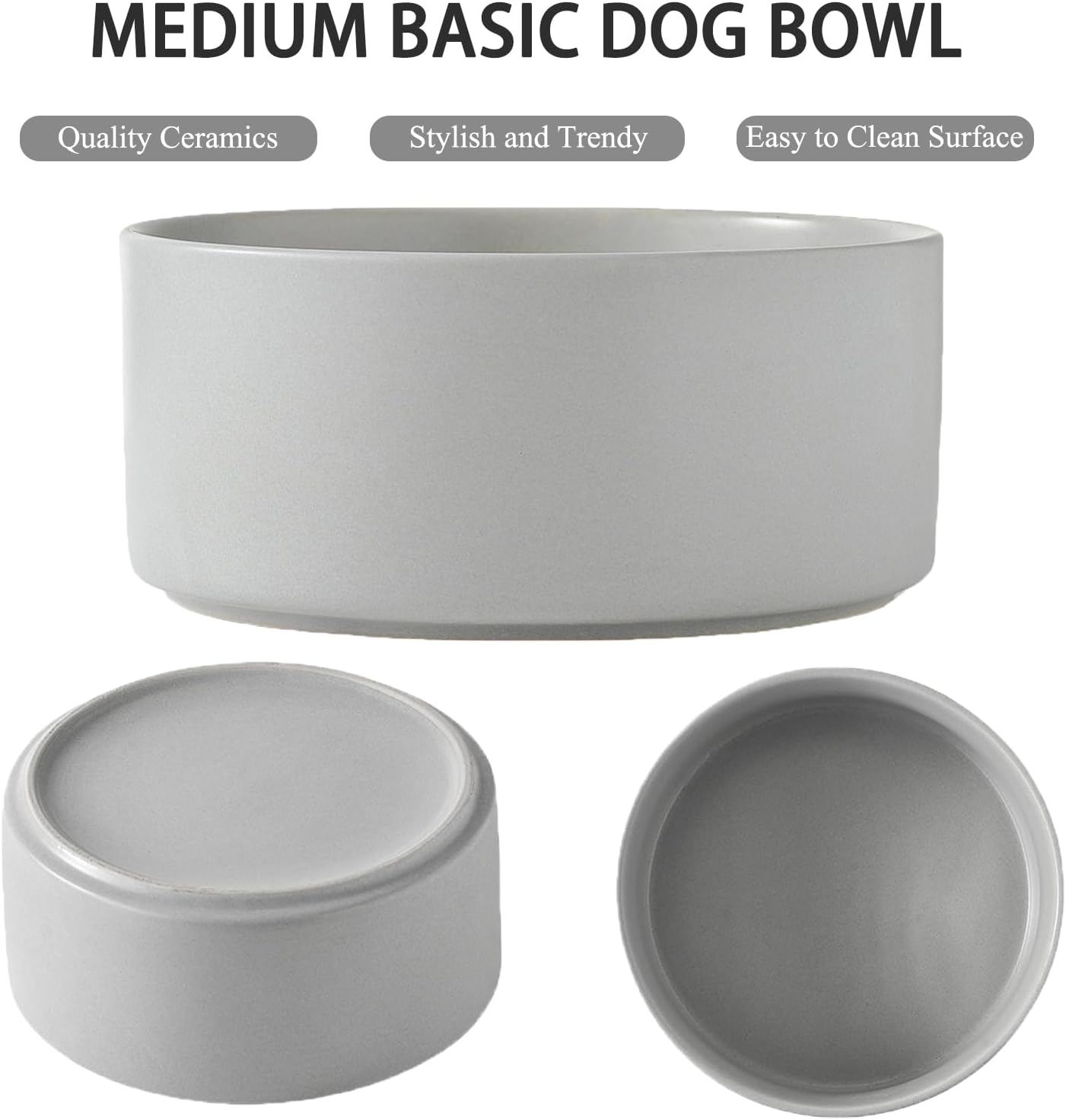 6'' Ceramic Dog Bowl - 30Oz Classic Dogs Food & Water Bowl for Small and Medium Breed Dogs, Heavy Duty Non-Slip Dog Dishes, Food Grade Stoneware Pet Bowl, Dishwasher & Microwave Safe, Grey image number 1