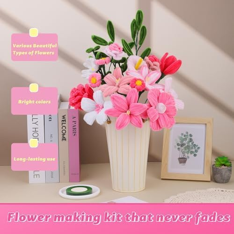 550 Pcs Pipe Cleaner Flowers Craft Kit, 7 Colors Pipe Cleaners Craft Flower Making Kit, Chenille Stems with Tutorial, Bouquet DIY Craft Supplies for Festivals Decorations image number 4