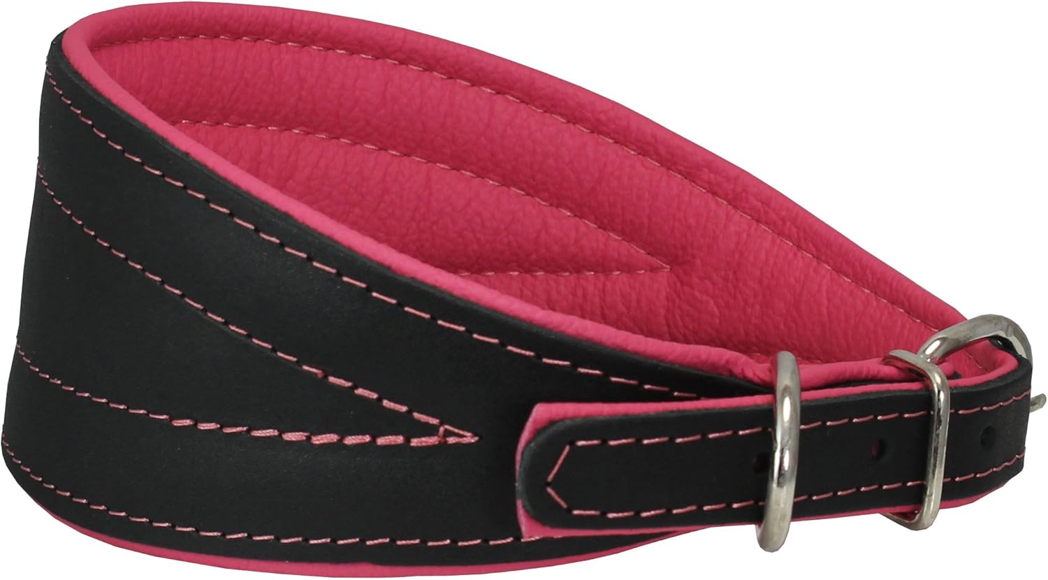 Real Leather Extra Wide Padded Tapered Dog Collar Glossy Black Greyhound Saluki Deerhound Lurcher Whippet Dachshund (14.25"-17" Neck; 2.5" Wide, Pink) image number 1