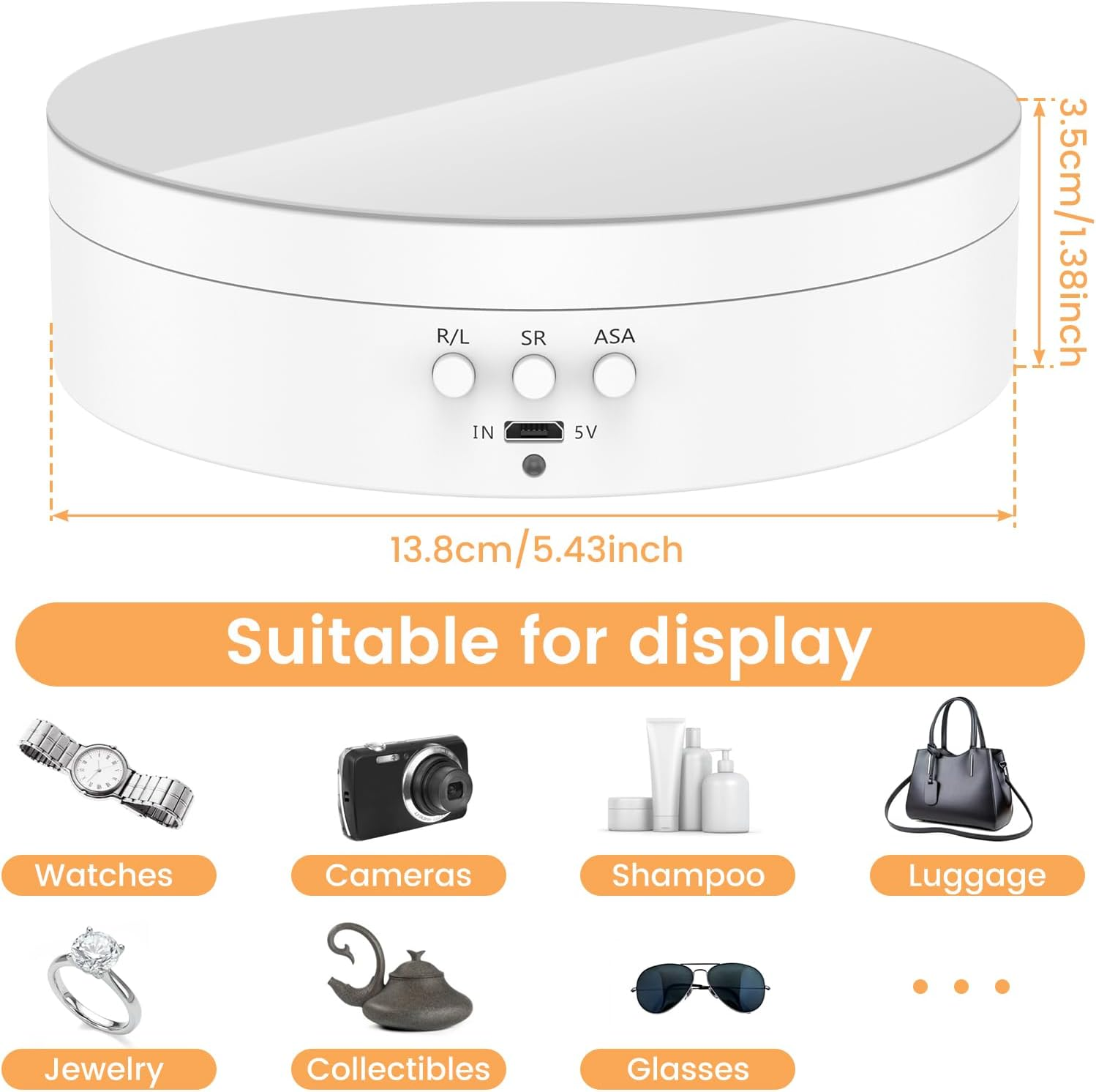 Rotating Display Stand 360&deg; Rotation Electric Rotating Turntable Speed and Direction Adjustable Turntable Display Stand with Low Noise for Jewelry/Photography Products/Watch/Cup and Ect. (White) - White image number 3