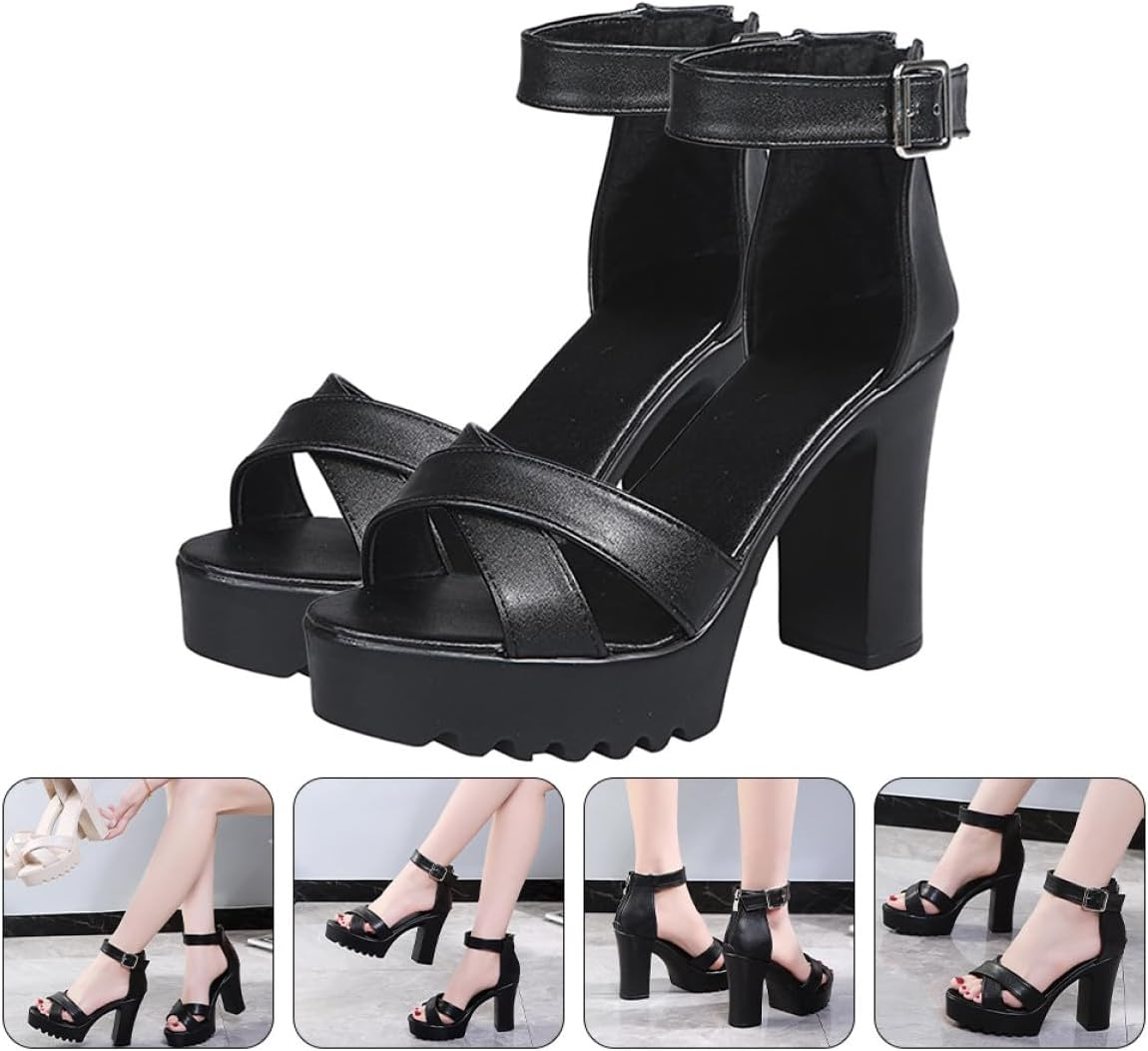 Healvian Women Peep-Toe Chunky High-Heel Sandals Open-Toe Nightclub Shoes Black Size 38 Summer Fashion image number 4