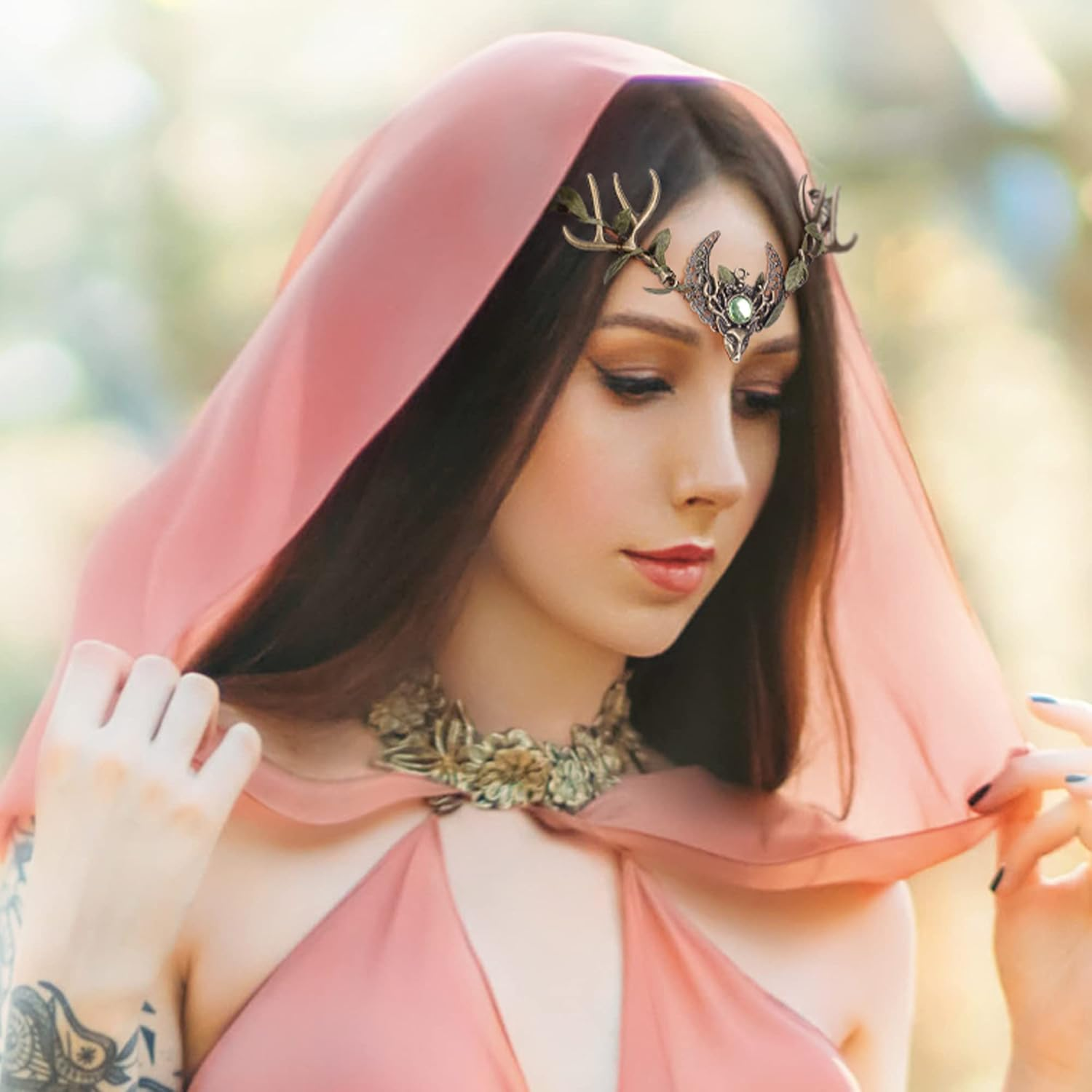 MOSTORY Handmade Deer Antler Crown Headband Forest Elf Headpiece Woodland Green Leaf Tiara Circlet for Wedding Bridal Themed Party Carnival Cosplay Festival Costume Accessory Green image number 4