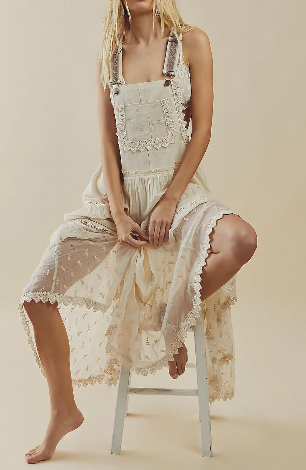 CHARTOU Women'S Bib Overall Jumper Babydoll Pinafore Embroidered Lace Maternity Straps Suspender Dress image number 5