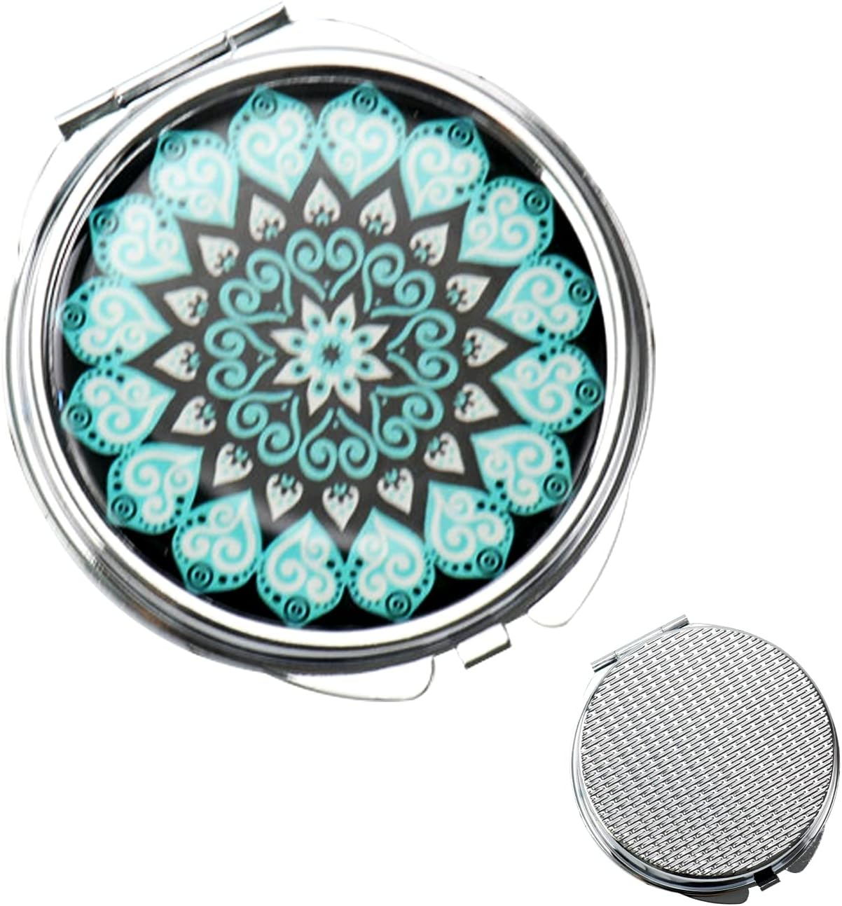 Pill Box Organiser Round, Metal Pill Holder 3 Compartment, Small Portable Pill Case for Travel Pocket Purse, Daily Pill Container with Mirror, Gift Choice (Sun&Moon)