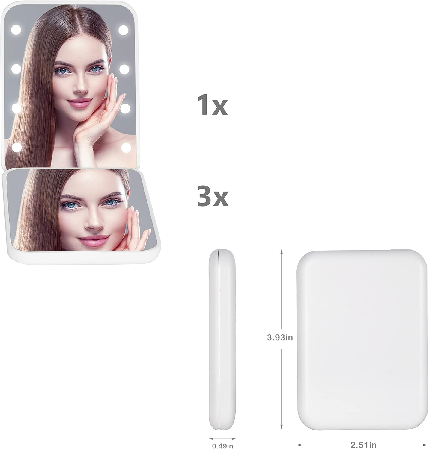LIWEGHT Makeup Pocket Mirror, Compact Makeup Mirror with Light, 1X/3X Magnification LED Compact Travel Mirror, 2-Sided, Portable, Folding, Handheld, Small Lighted Compact Mirror for Gift, White image number 3