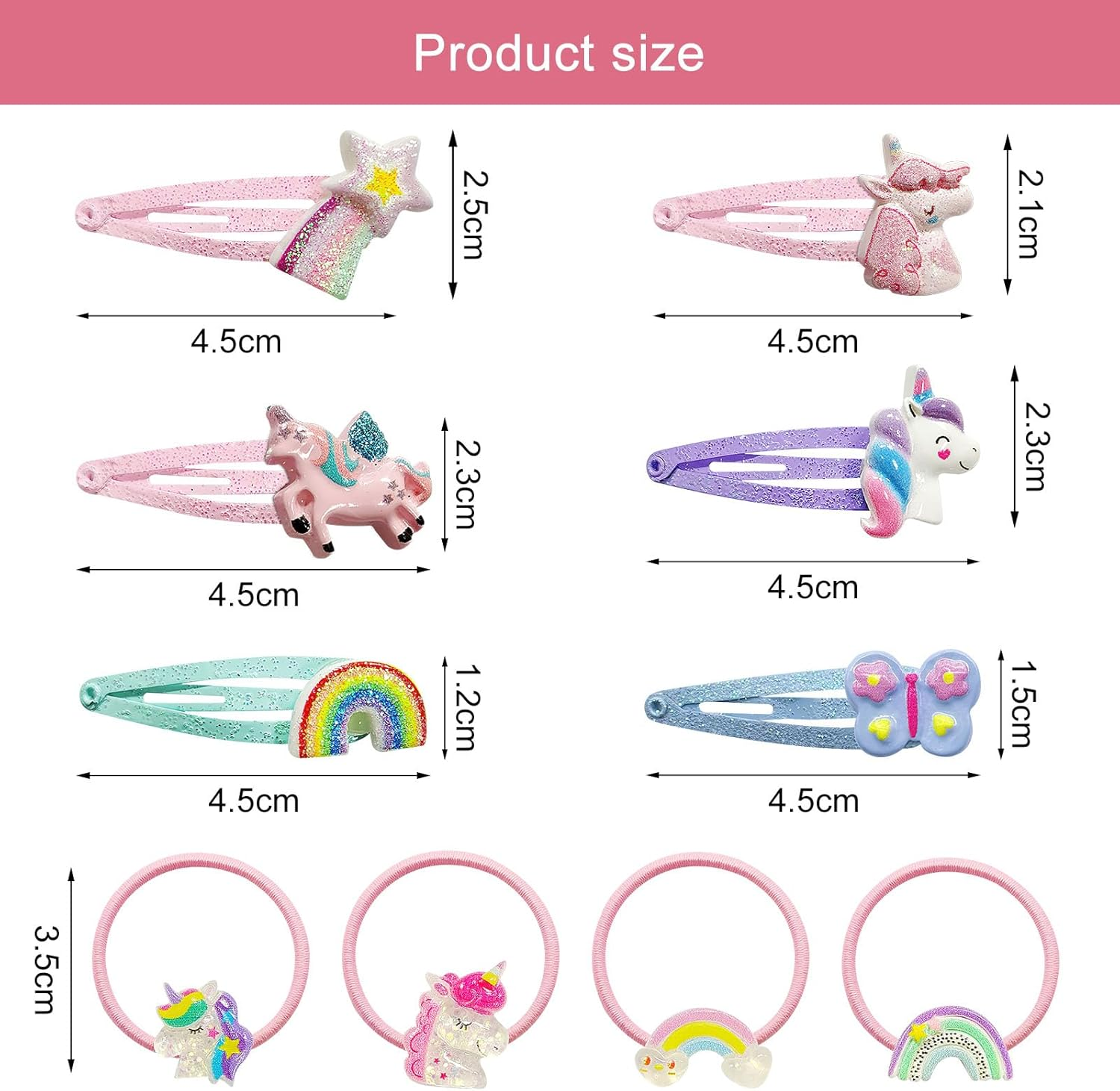 Pack of 16 Hair Clips Girls, 4 Pieces Mini Colourful Hair Scrunchies, 6 Pairs / 12 Pack Unicorn Hair Clips for Girls, Hair Clips Children Multicoloured, Unicorn Hair Accessories Girls for Hair image number 3