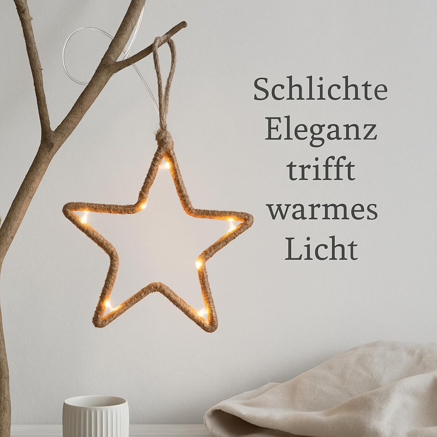 MIJOMA LED Christmas Decoration for Hanging Made of Metal and Jute with Timer - Rustic Winter Decoration with Fairy Lights - Battery Operated (Star: Approx. Diameter 20 Cm) image number 5