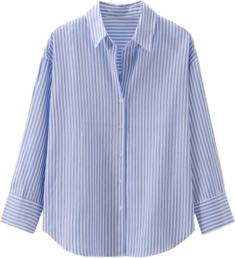 Women'S Striped Shirt Regular Fit Long Sleeve Work Shirt Loose Fit Tunic Tops