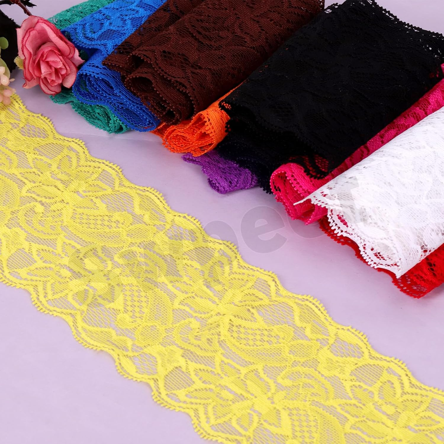 Swpeet 5 Yard by 3.15" Wide Yellow Lace Fabric Stretch Elastic, Trim Lace Ribbon, Elastic Sewing Trim Ribbon for Garment, Headbands, Wedding Bouquet Making DIY Crafts image number 2