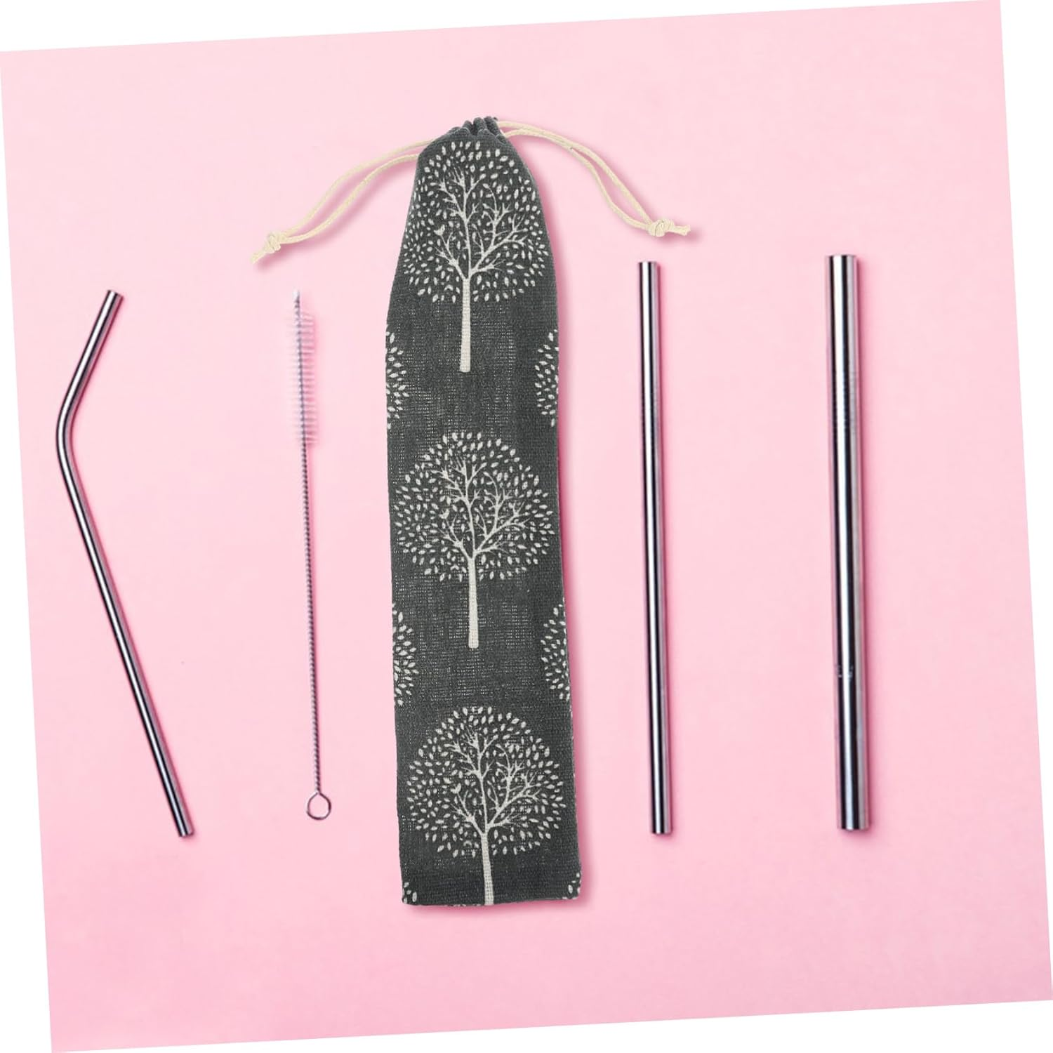 MOTHNUR Straw Carrying Case and Drawstring Storage Pouch, Cotton Linen Material, Reusable Travel Cutlery Bag for Fork Spoon, 5Pcs Mixed Style Set image number 3