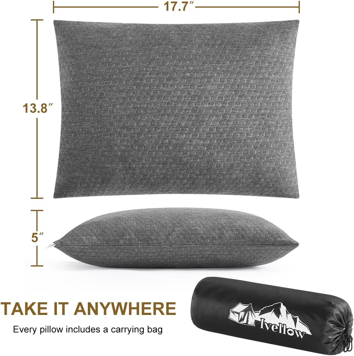 Ivellow Memory Foam Travel Pillow Compressible Camping Pillow for Sleeping Shredded Memory Foam Pillow Compact Firm Supportive Travel Pillow for Adults Kids Outdoor Backpacking Hiking Essential Gear