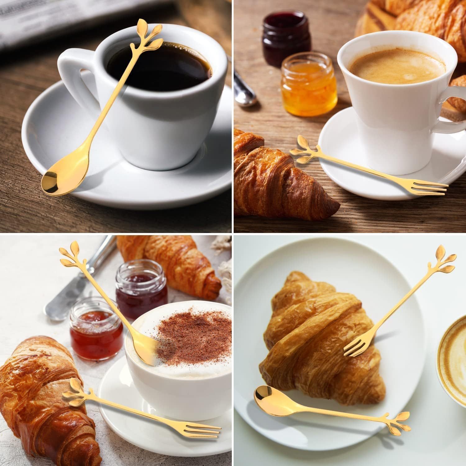 12Pcs Stainless Steel Gold Leaf Coffee Spoon and Cake Fruit Forks, Tableware Dessert Demitasse Ice-Cream Tea Spoons and Forks, Cake, Sugar Coffee Mixing Spoon and Fork Set(6 Forks + 6 Spoons)