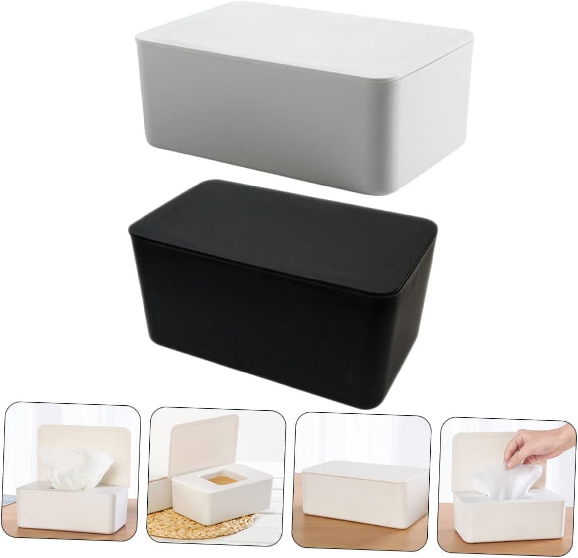 LABRIMP Wet Tissue Box and Napkin Storage Container with Lid, Dustproof Sealed Wipe Holder for Home and Office Desktop, 2Pcs White and Black image number 2