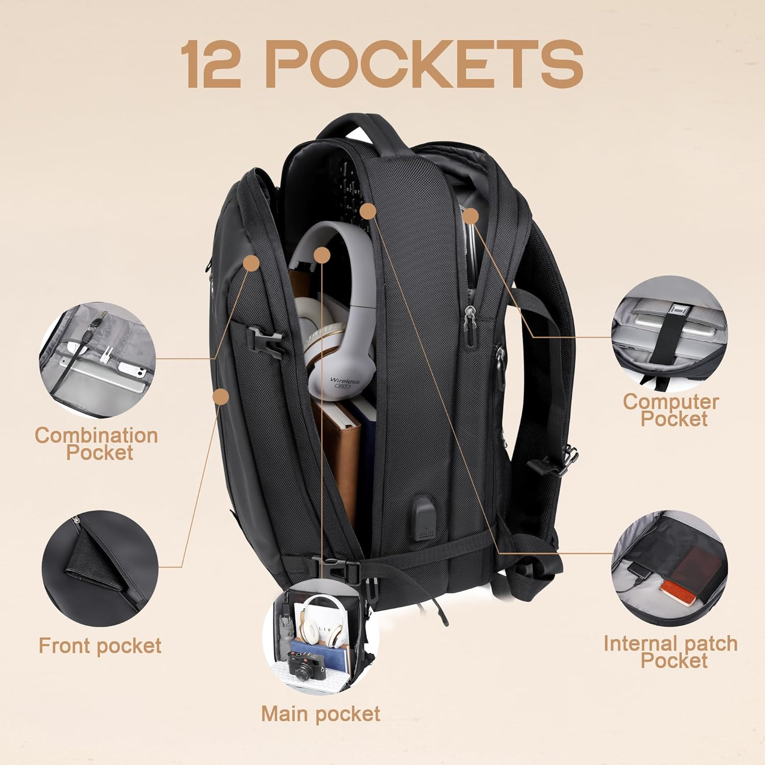 YOUYICI Travel Carry on Backpack, 40L Extra Large Backpack with USB Charging Port, College Backpack Airline Approved Business Work Bag Fits 17 Inch Computer for Men Women image number 6