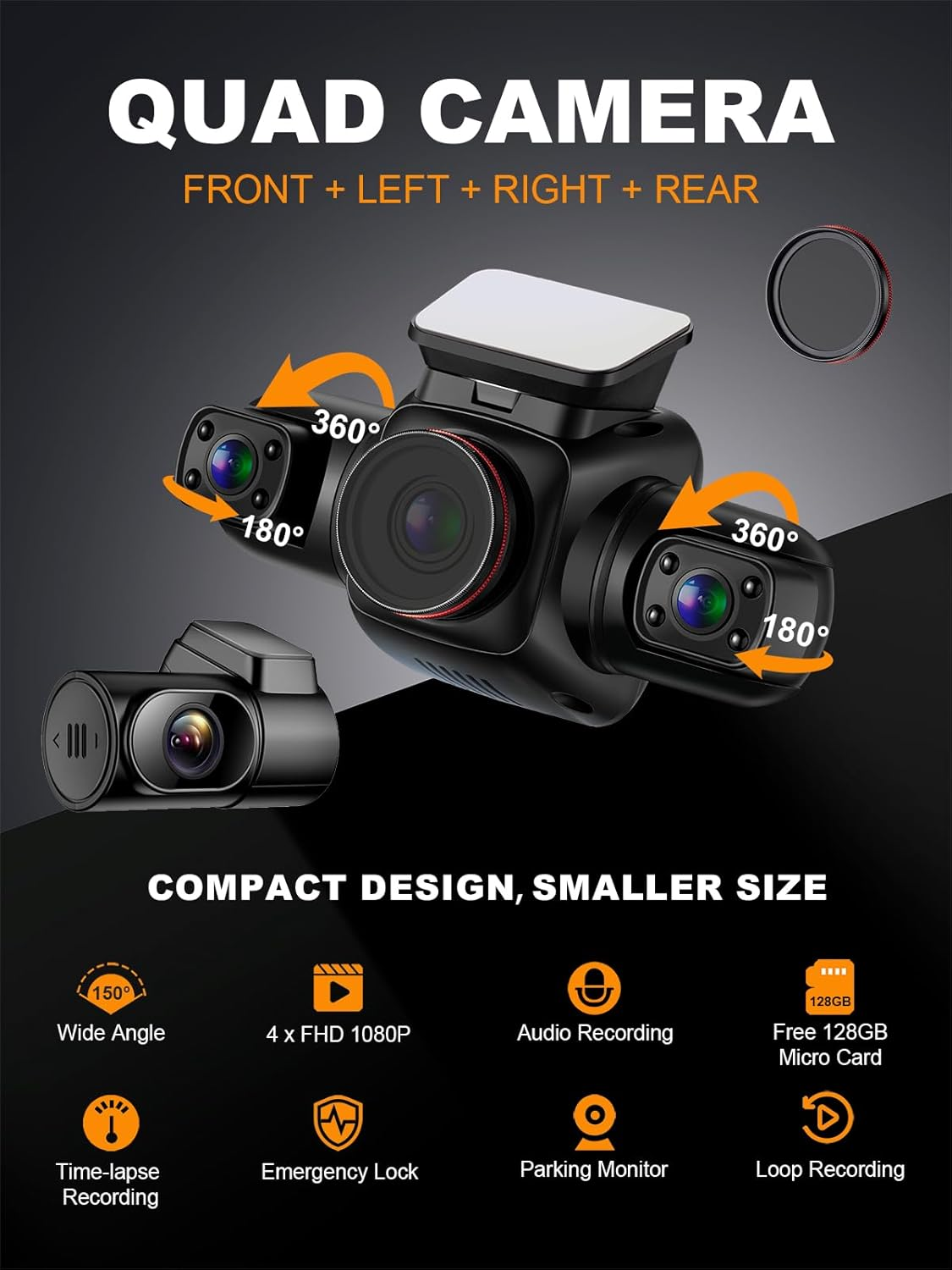 PRUVEEO Dash Cam for Car, 4 Channel Camera FHD 1080Px4, Front Left Right and Rear, Front and Rear Inside, Built-In GPS Wifi, Polarizing Lens CPL Filter, Free 128GB Card, Double CPL