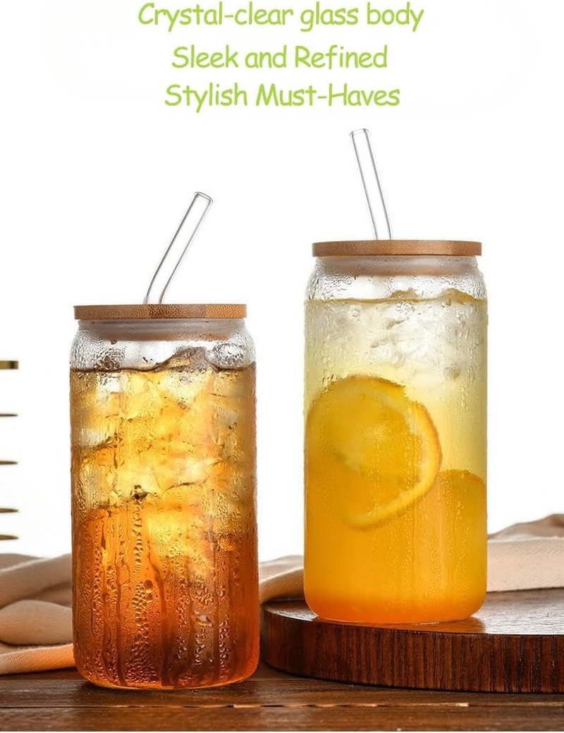 Drinking Glasses with Bamboo Lids and Glass Straws-4Pcs Set 500Ml Glass Cups for Iced Coffee, Bubble Tea, Smoothie, Beer Glass - Dishwasher Safe with 2 Brushes, Ideal for Home Bar & Aesthetic Gift image number 3