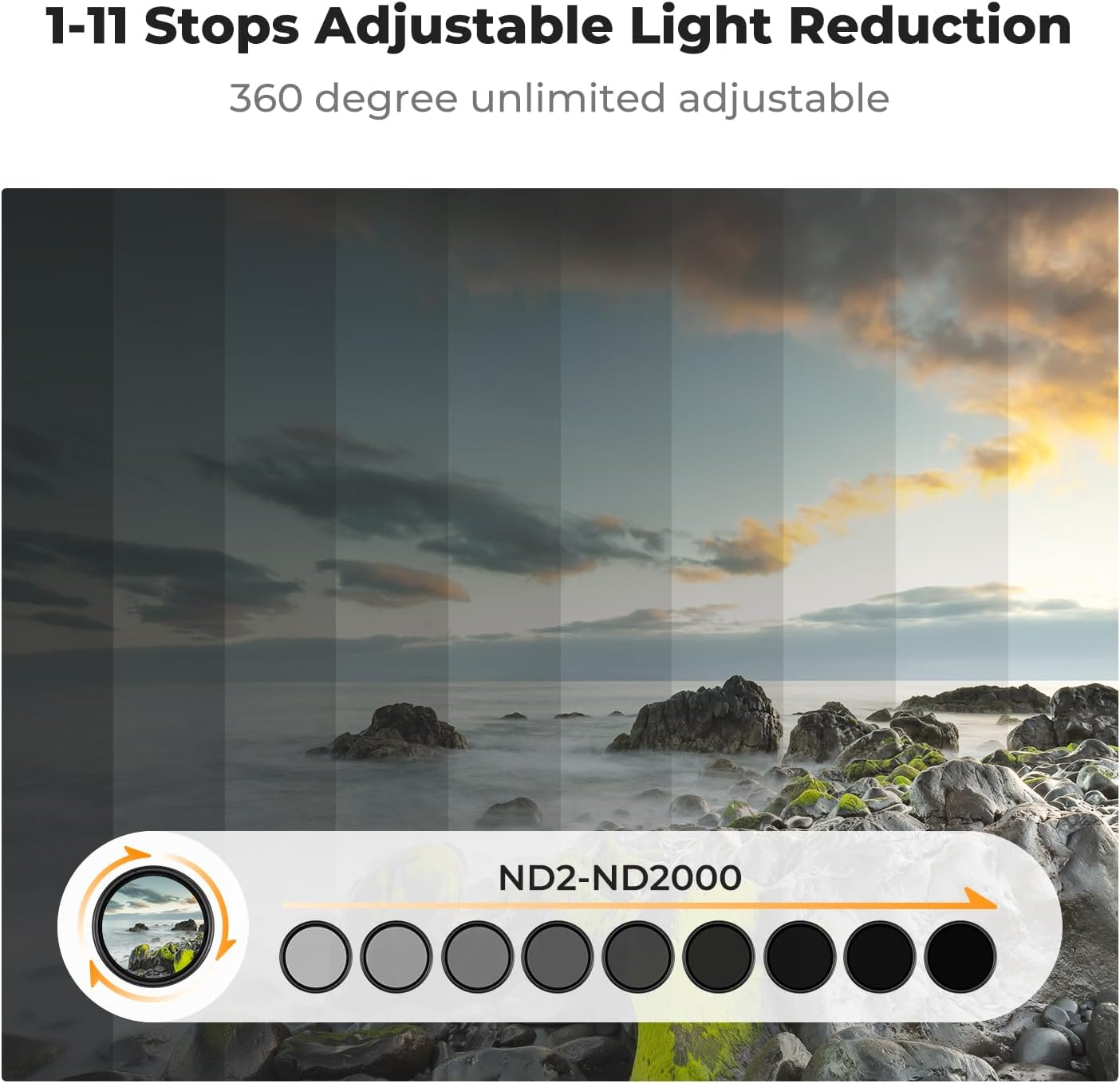 K&F CONCEPT 55Mm ND2-2000 (1-11 Stops) Variable ND Camera Lens Filter-18 Multi-Coated Adjustable Neutral Density Filter with 3 Vacuum Cleaning Cloths (Nano-K) image number 3