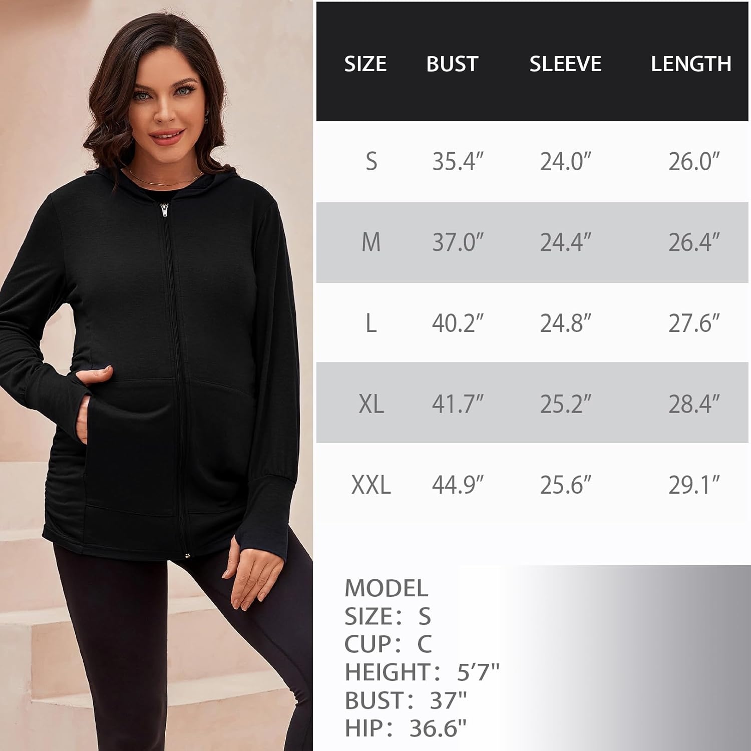 DEBELLY Maternity Sweatshirts Long Sleeve Full Zip Hoodie Casual Pregnancy Women Jacket Top with Pockets,Thumb Hole,Side Ruch image number 3