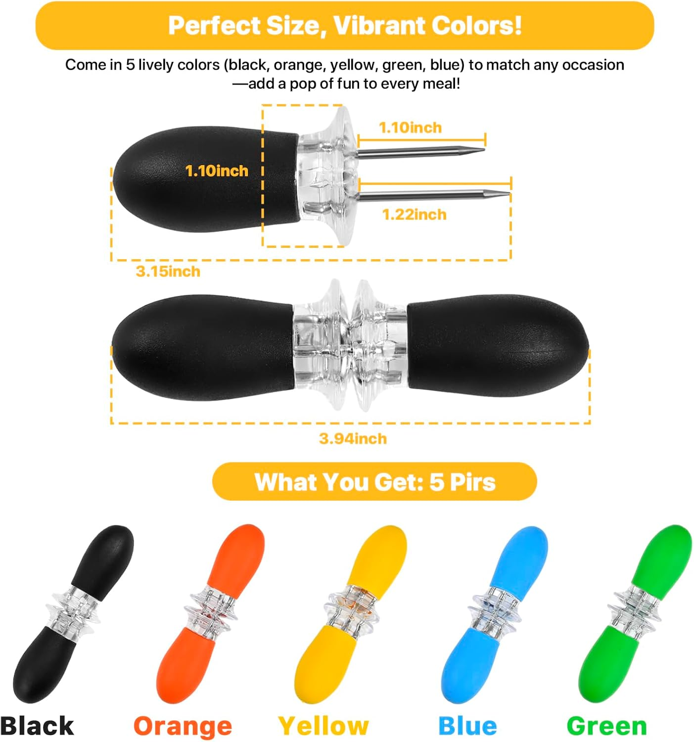 Corn on the Cob Holders Set - 5 Pairs Corn Holders with Soft Silicone Handles & Stainless Steel Pins, Vibrant Color Corn Cob Skewers, Easy-Grip Corn Sticks for Mess-Free Eating with Storage Box. image number 5