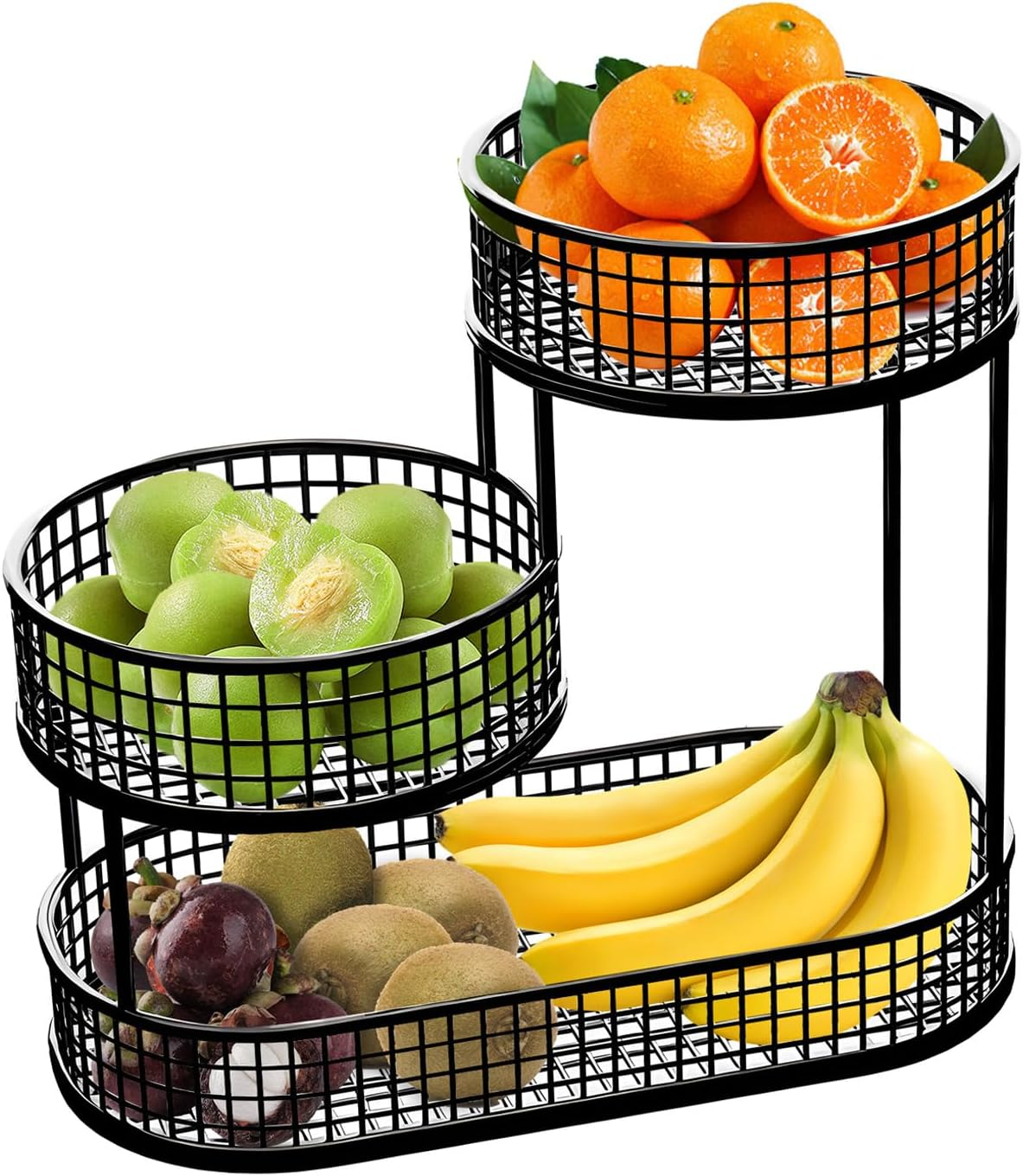 Fruit Basket, 3 Tier Countertop Metal Storage Basket,Layered Fruit Stand for Snacks,Kitchen Countertop,Food Storage Room,Fruits,Coffee,Pasta, Bathroom (Black)