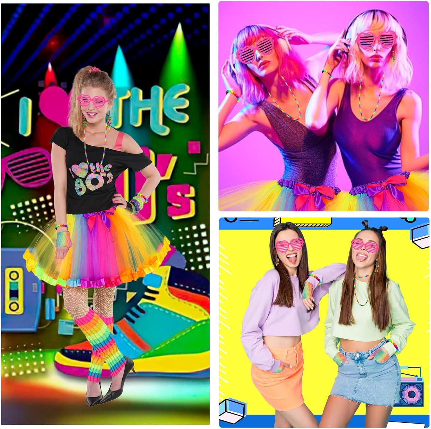 Hapurs 80S Fancy Dress for Women, 80S Costume Accessories Set Neon Rainbow Tutu Skirts Leg Warmers Gloves Glasses Bracelet Necklace Retro Party Costume image number 3