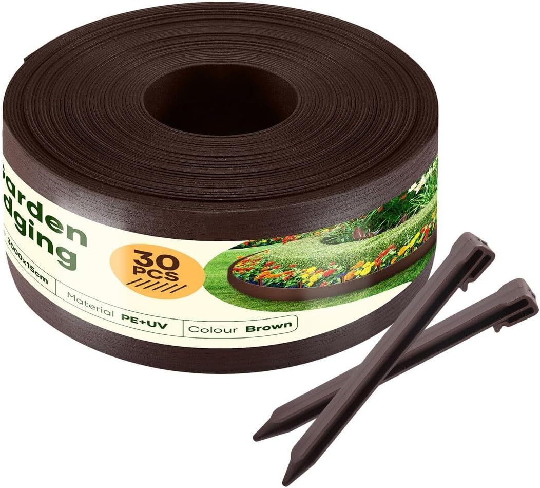 30Mx15Cm Garden Edging Lawn Border Landscape Edge Flexible DIY Fence Barrier Path Driveway Plant Grass Flower Bed Support Plastic Roll Kit