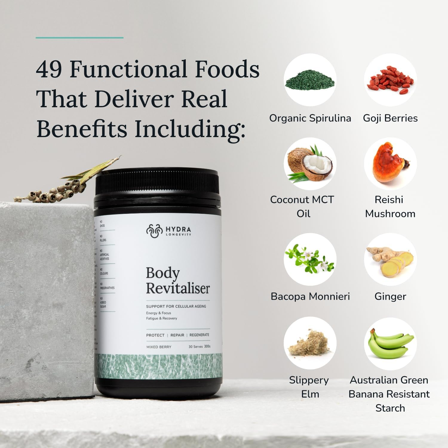 Body Revitaliser Organic Superfood Powder Health Supplement, 49 Ingredient Smoothie Mix with Prebiotics, Chlorella, Reishi, Vegan, Non-Gmo, Gluten-Free 300 Grams (30 Servings) image number 3