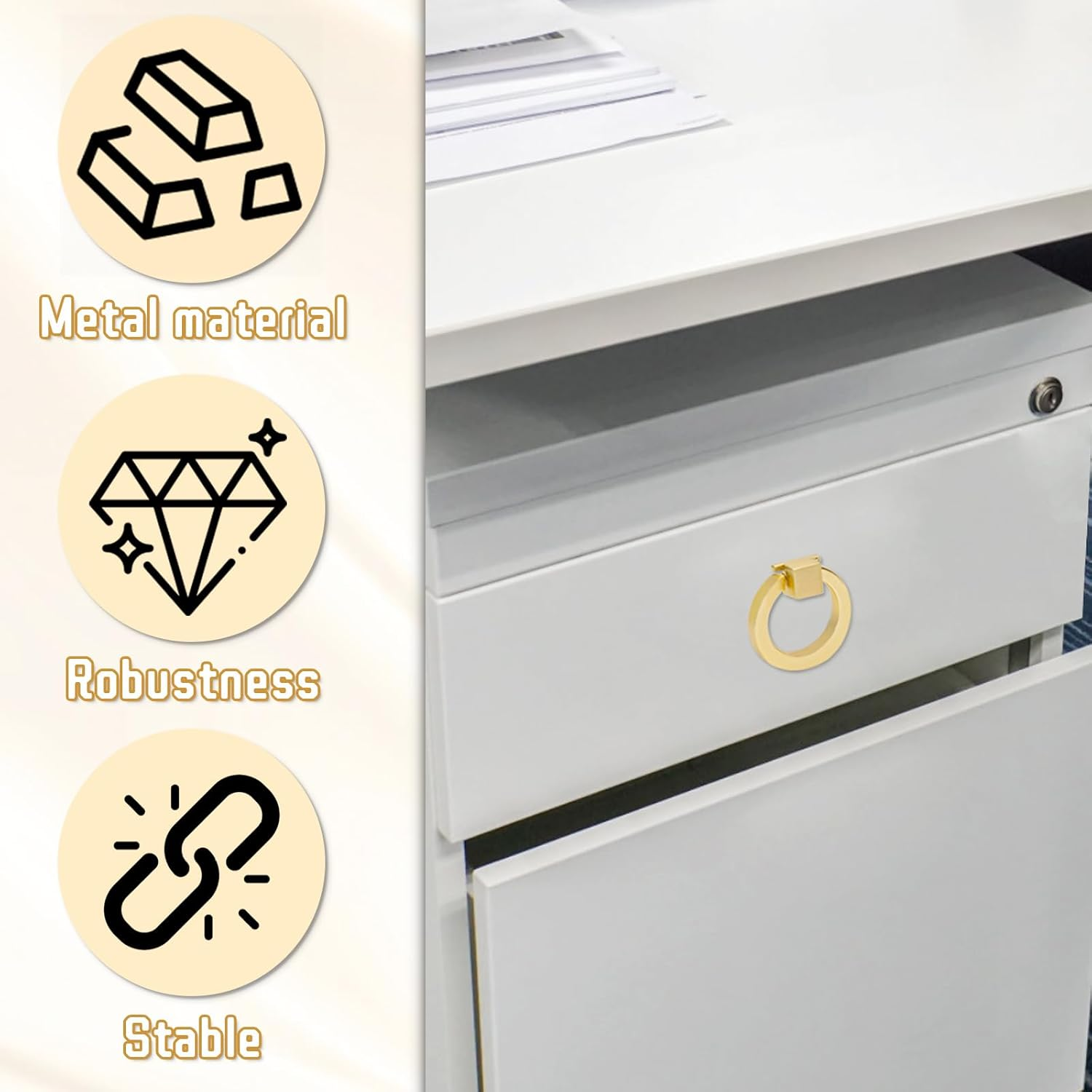 4 Pack Cabinet Knobs, Gold Drawer Pulls, Ring Pulls for Dresser Gold Cabinet Pulls, Brushed Gold Cabinet Knobs for Cupboard Wardrobe (Gold)