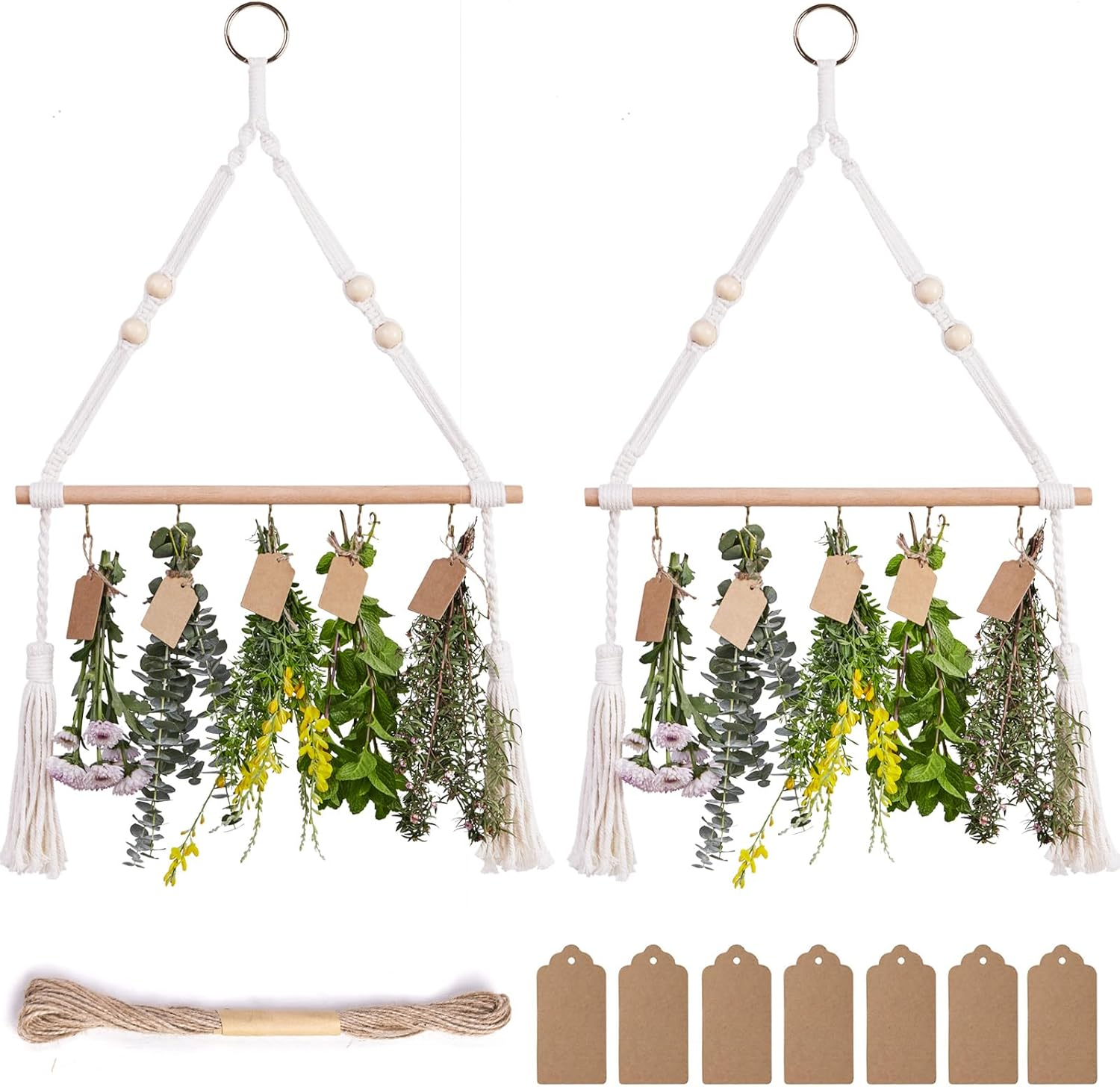 PROTITOUS 2Tier Herb Drying Rack Flower Drying with 25PCS Brown Gift Tags and 32Ft Natural Jute Twine Herb Dryer,Herb Drying Rack,Hanging Herb Dryer Rack, Ivory image number 4