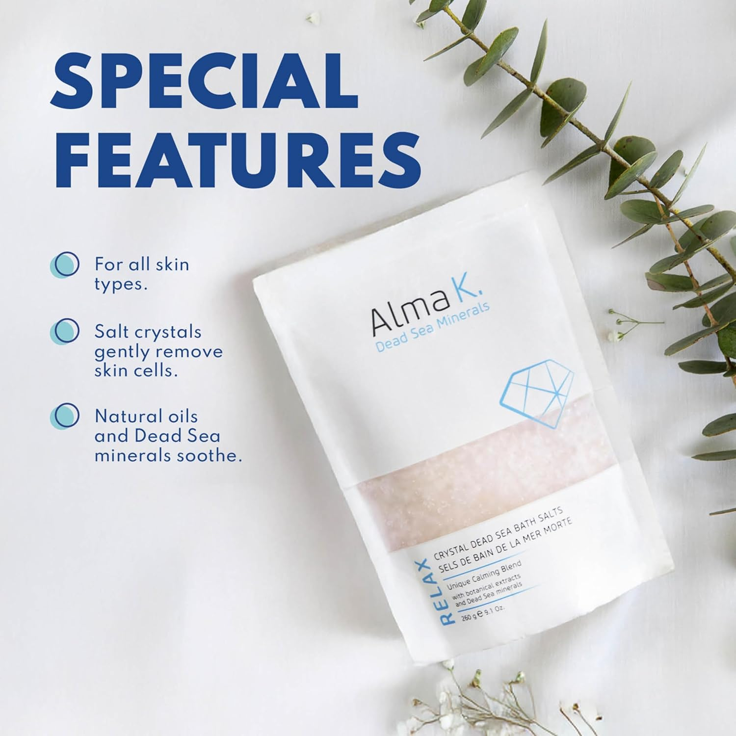 Alma K, Crystal Dead Sea Nourishing Mineral Bath Salts, Restores Softness Rich Hydration Removes Dead Skin Cells, 500G image number 1