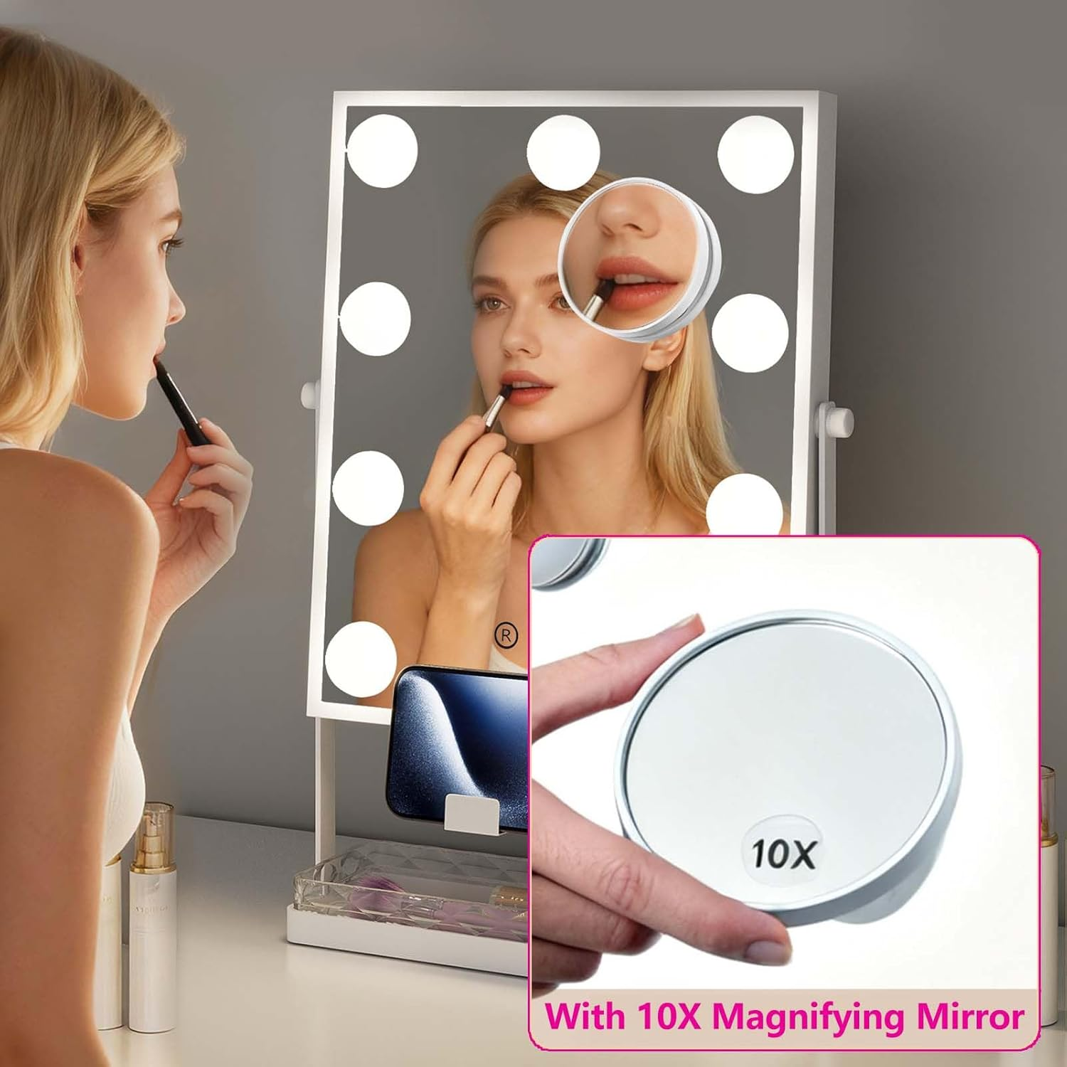 Hollywood Mirror Square Vanity Makeup Mirror Adjustable LED Lights with Storage Drawer Mobile Phone Holder 10X Magnifying Mirror image number 6
