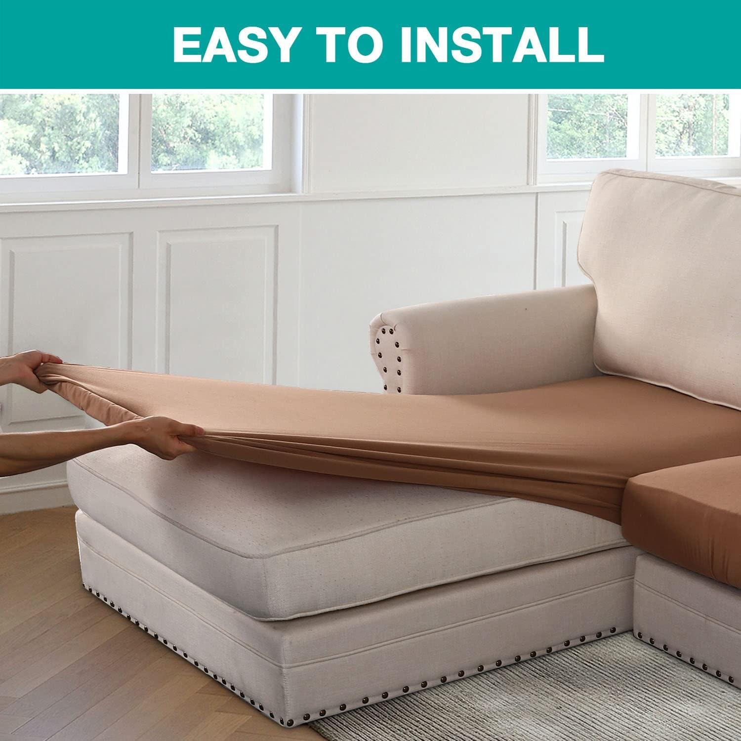 Princedeco 3 Pieces Stretch Sofa Seat Cushion Covers L Shape Separate Cushion Couch Thick Chaise Cover Elastic Fit Furniture Protector for Both Left/Right Sectional Couch (3 Seater, Camel) image number 4