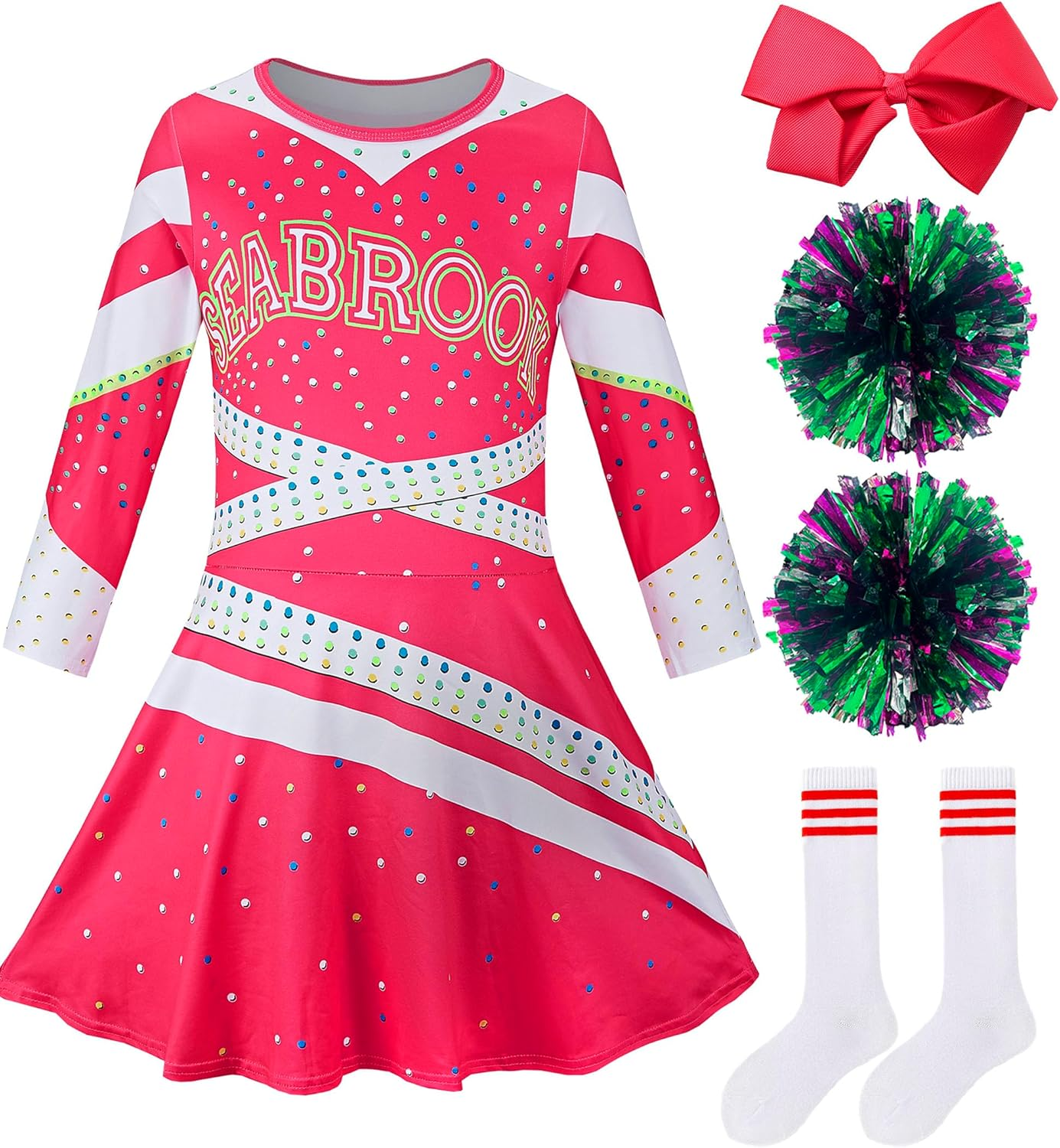 Girls Cheerleader Costume Outfit Halloween Cheer Uniform Dress up with Accessories image number 4