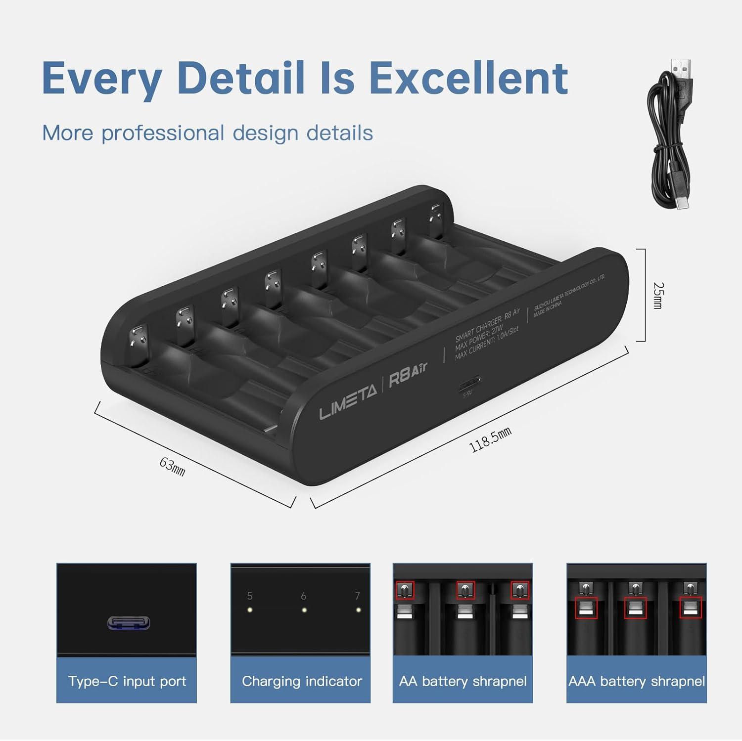 LIMETA R8Air 8-Slot Charging Station-Universal Battery Charger AA AAA, Compatible with Nimh/Nicd/Li-Ion & Eneloop/Eneloop AA, Double a Batteries/Aaa Batteries/18650 & Rechargeable Household Batteries image number 6