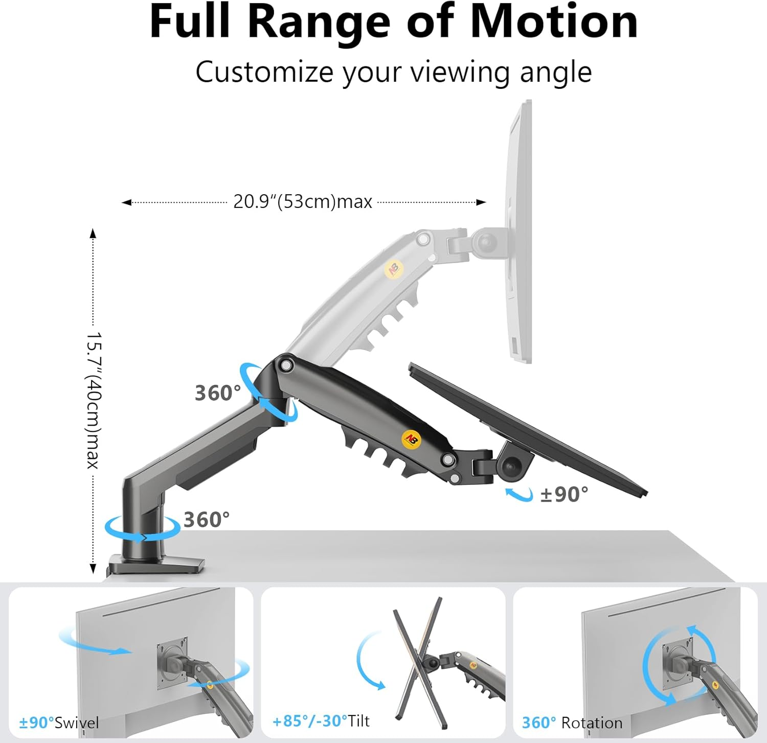 NBAV Mounts NB New F160 Dual Monitor Full Motion Desk Mount with Gas Spring for Two Computer Monitors 17 - 30Inch LED LCD Flat Panel Tvs from 2Kg to 9Kg per Arm. image number 5