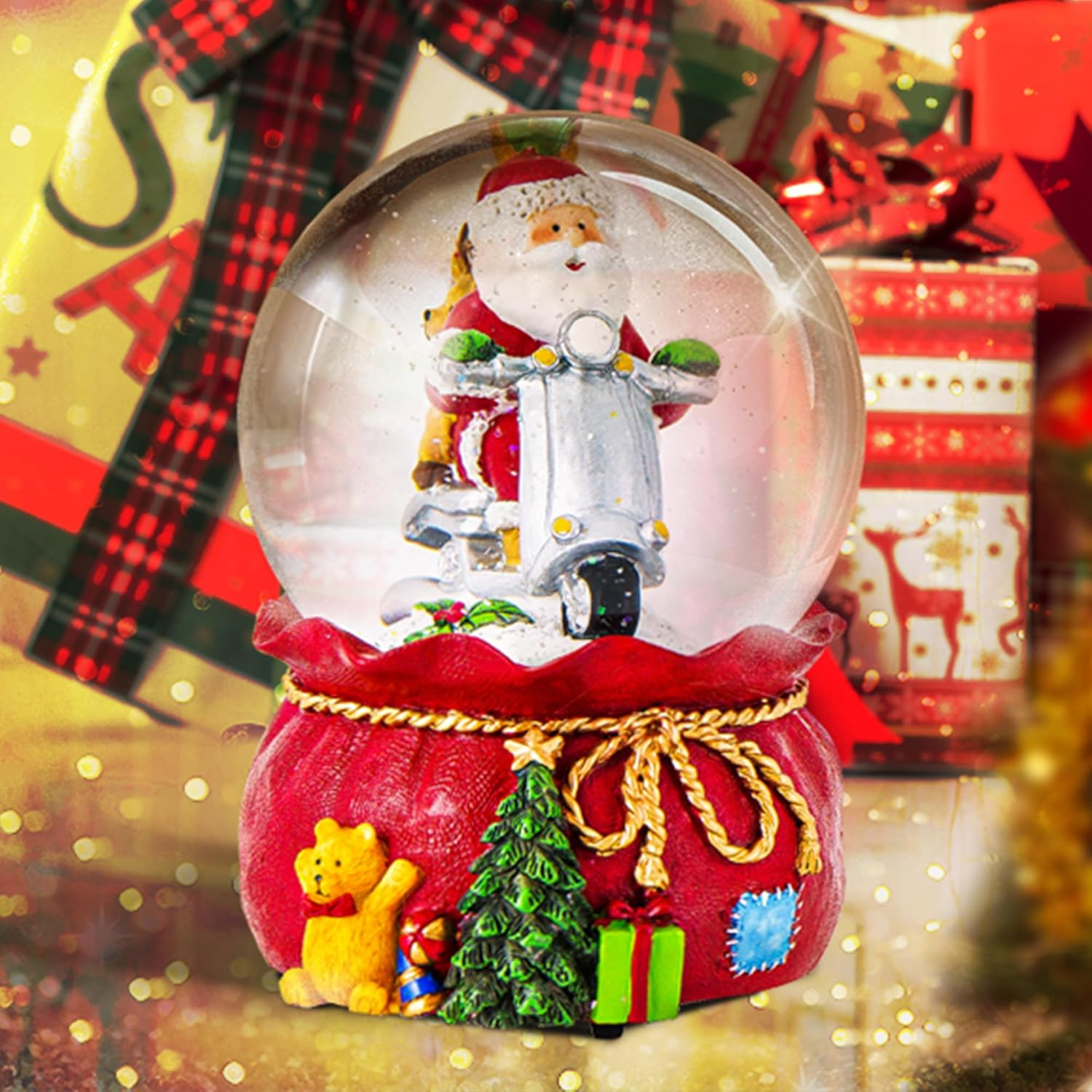 Snow Globes Glitter Water Globe Decoration Musical Snow Globes Decor Plays We Wish You a Merry Christmas, 100Mm, Santa Riding a Motorcycle image number 4