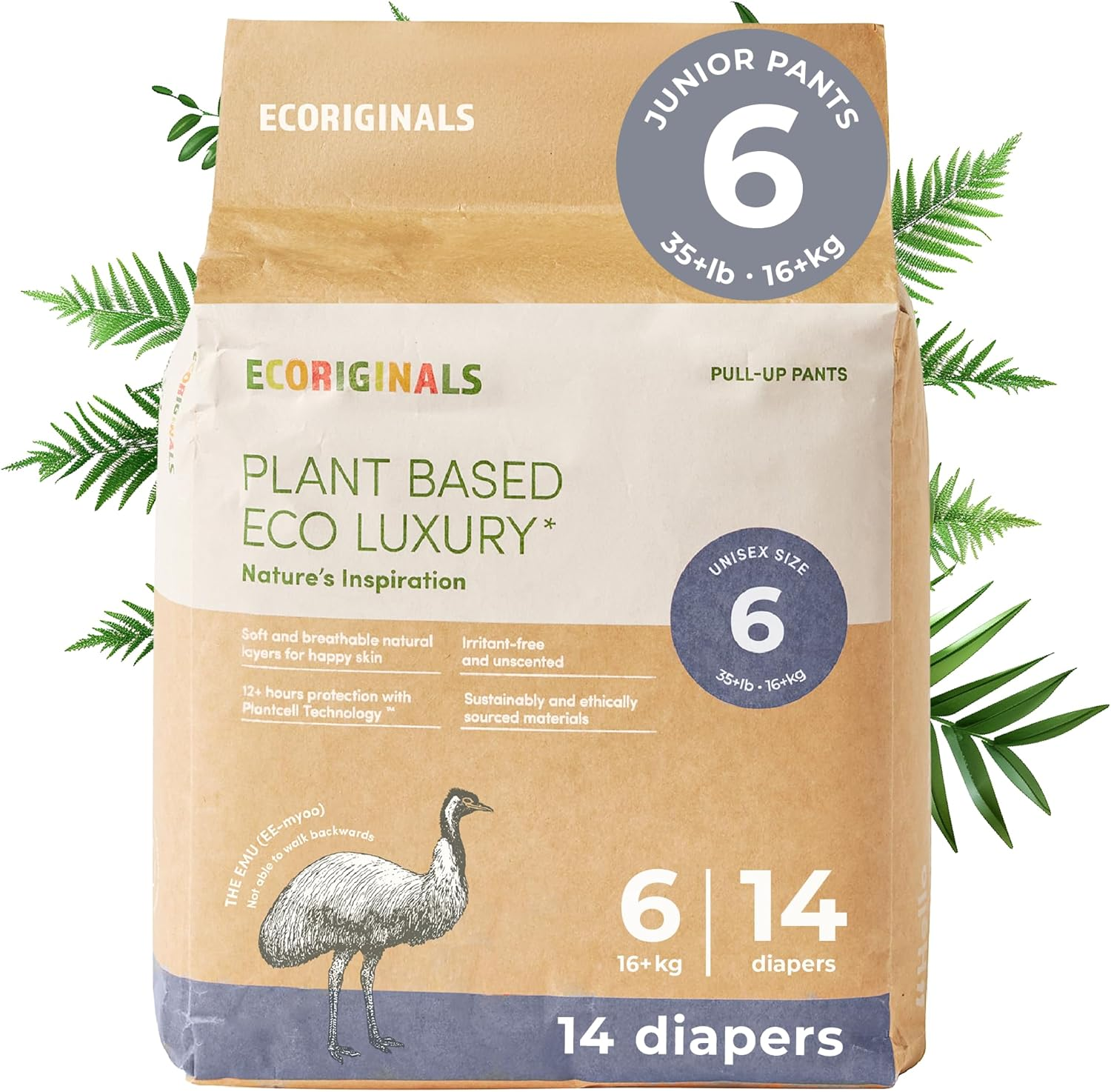 Ecoriginals - 14 Eco Junior Pull Ups - Kids Nappy Pants Size 6 with 100% Plant-Based Layers, Disposable & Hypoallergenic Toilet Training Pants - Secure Fit Nappies (16Kg+), 1 Pack image number 2