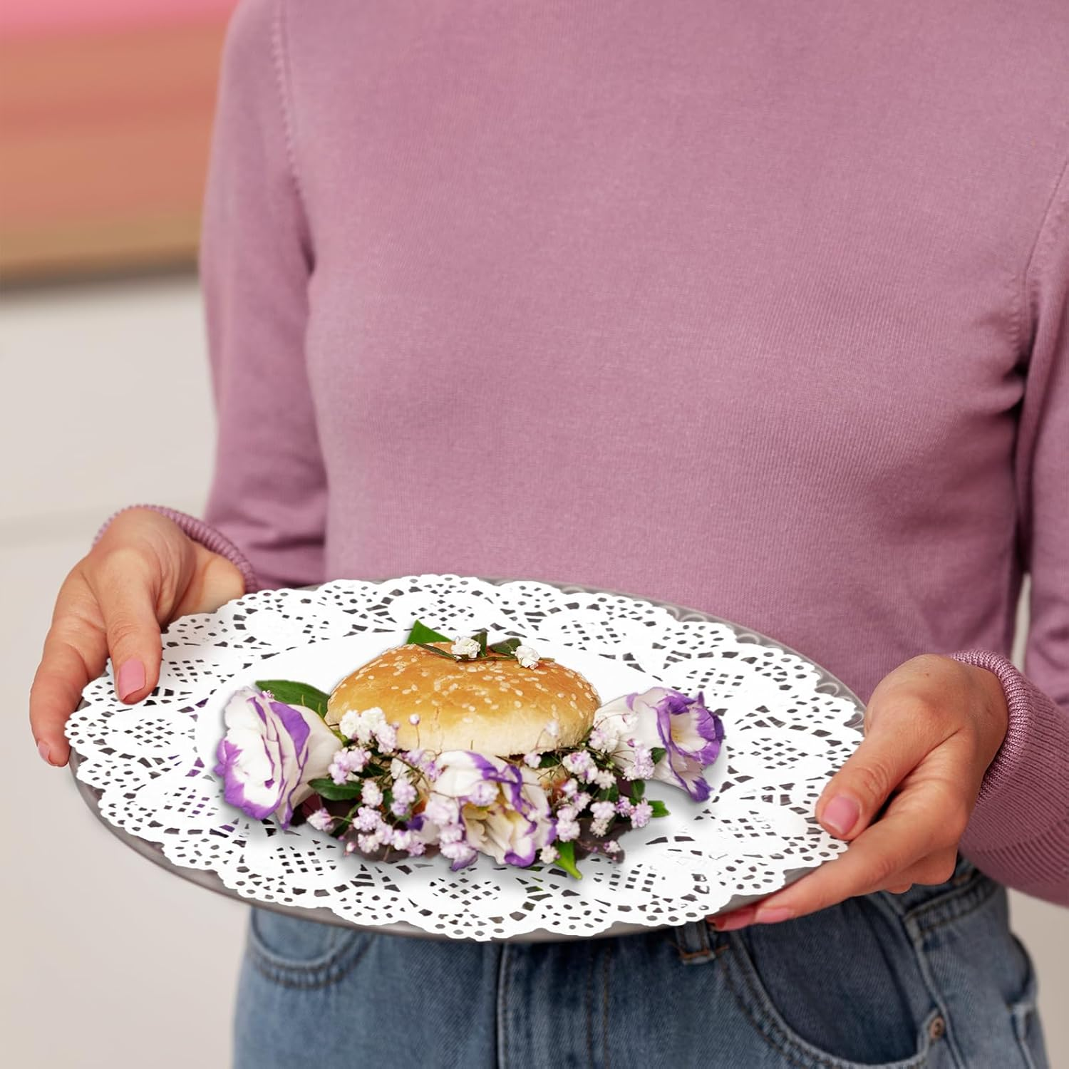 TEAONE White Decorative Placemat, 100 PCS round Lace Paper Placemat for Food, Desert, Tableware Decoration (26.7Cm/10.5In) image number 3