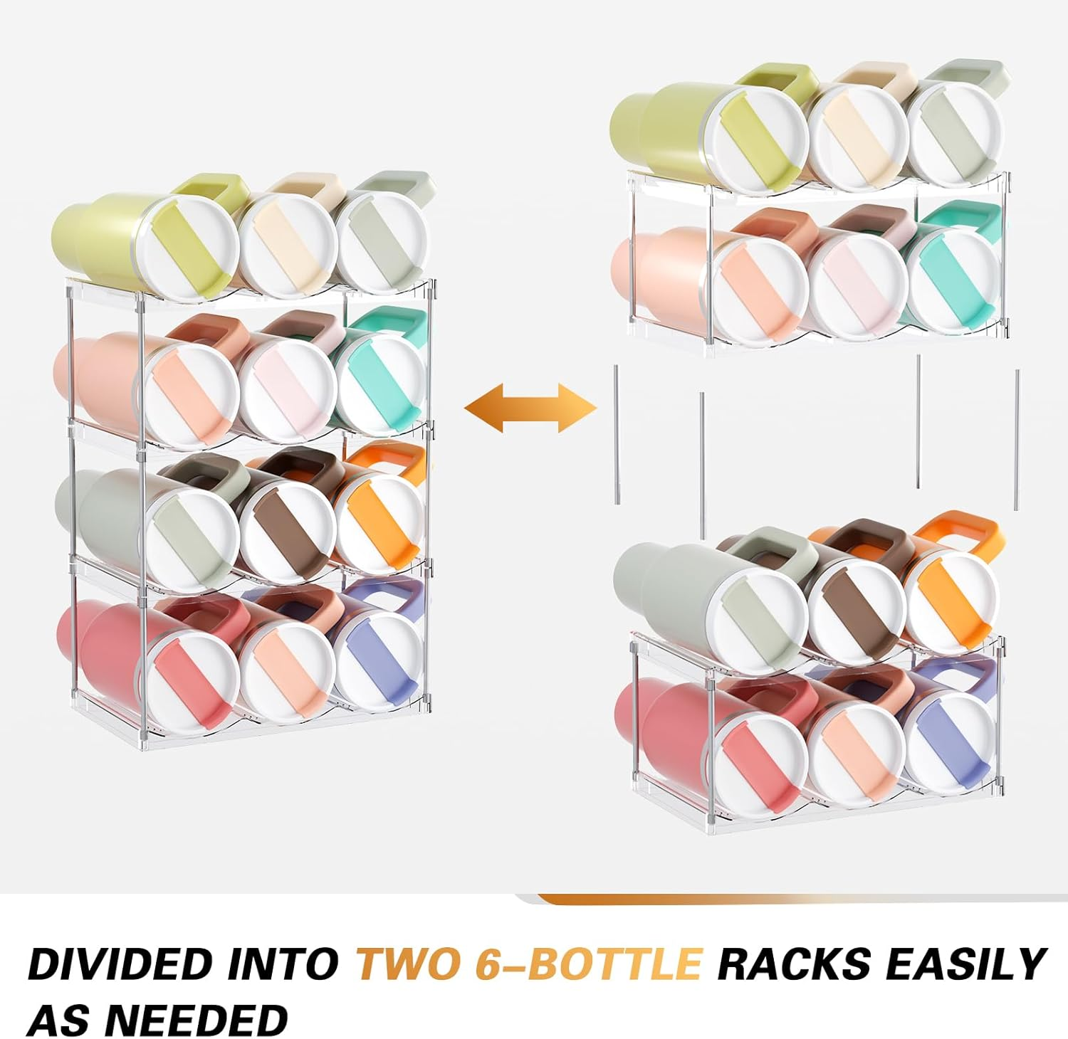 3 Tier Water Bottle Organizer Rack for Cabinet Kitchen Storage & Organisation, Stackable Bin Countertop Holds 9 Bottles Large Capacity Sports Bottles, Wine Rack, Tumbler Travel Mug Cup Holder (Clear) image number 4