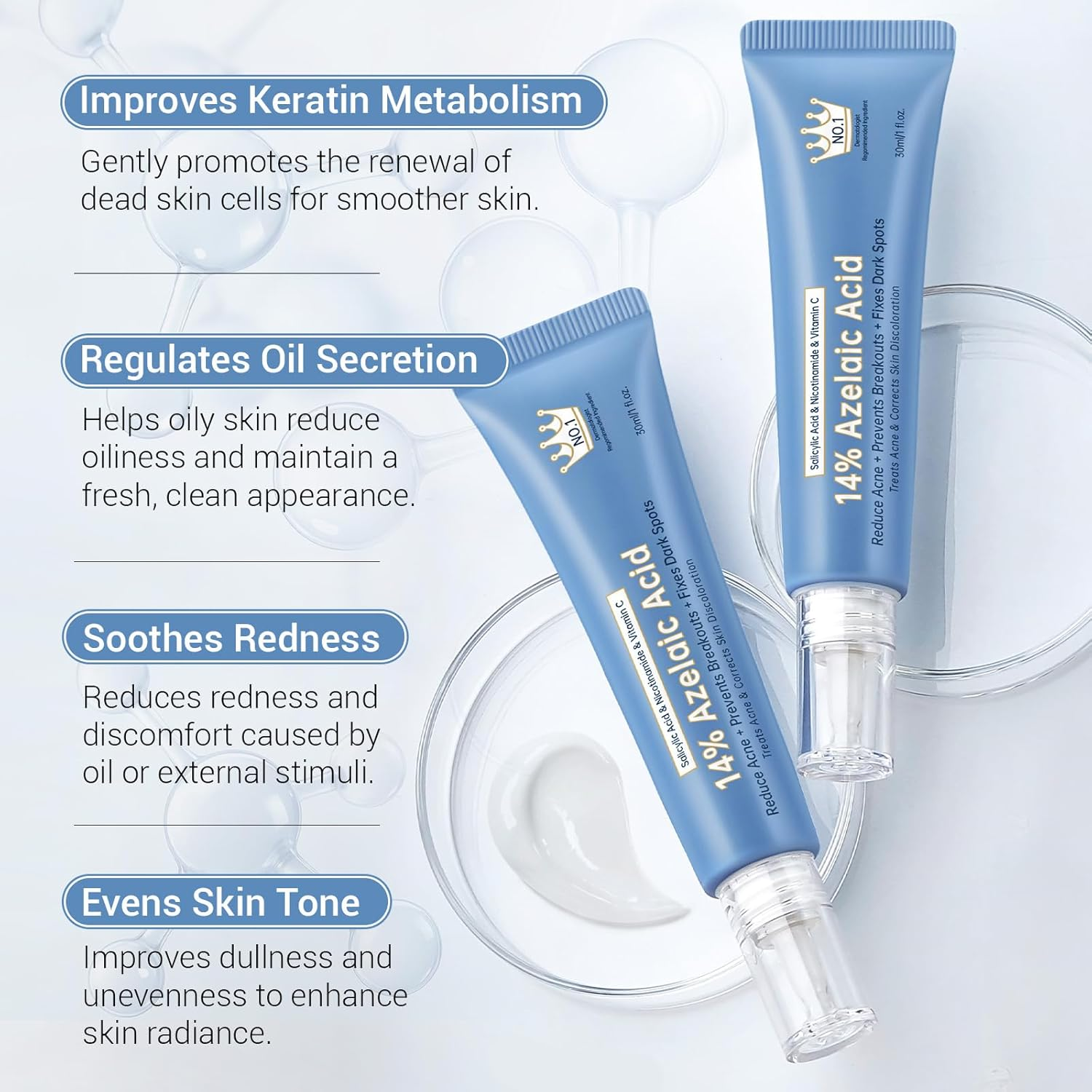 14% Azelaic Acid Cream - Azelaic Acid Serum with Hyaluronic Acid, Niacinamide & Squalane - Pore Refining & Oil Control - Face Moisturizer for All Skin Types, 30ML image number 2