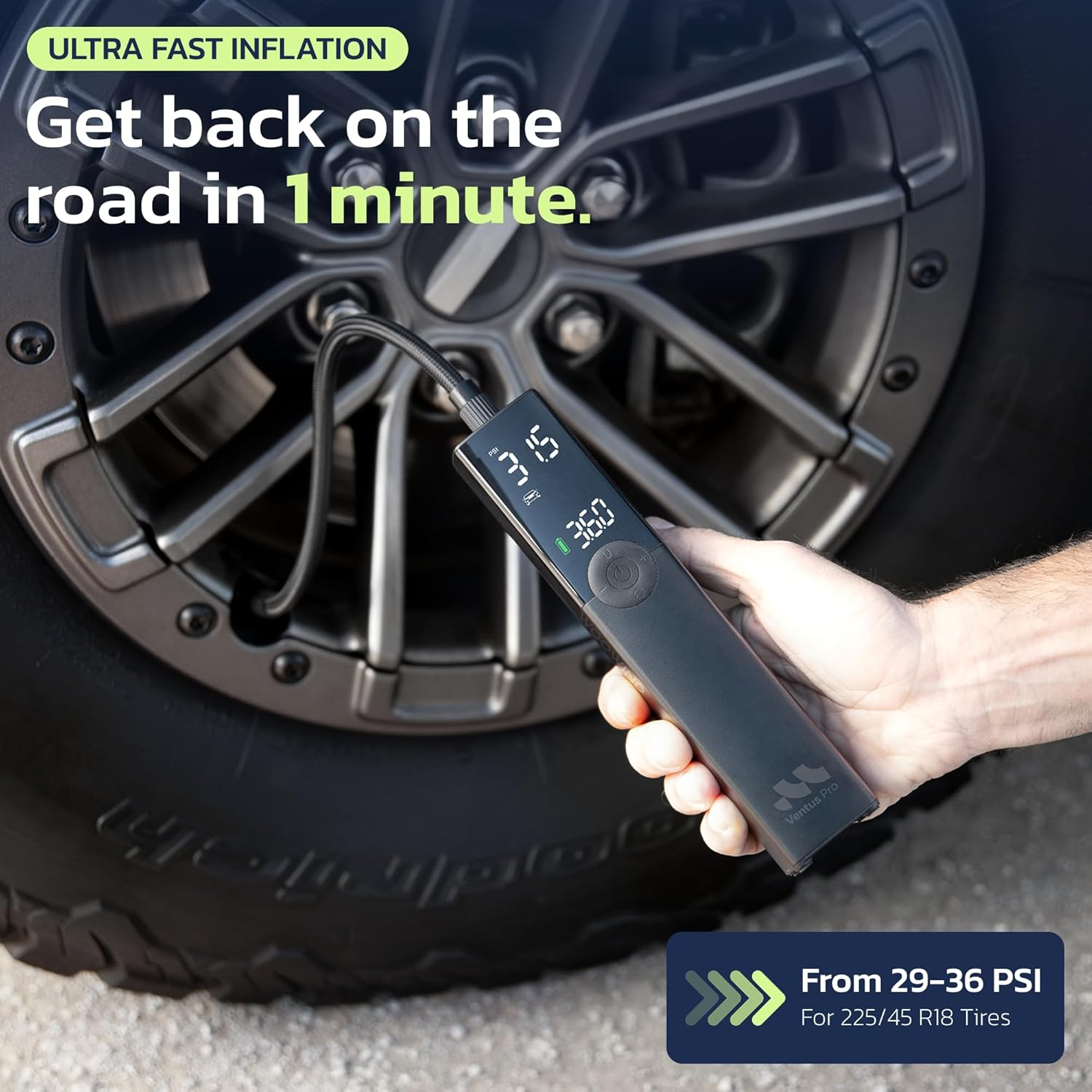 Tyre Inflator Portable Air Compressor for Car, Bike, Motorcycle, SUV, Offroad & Truck - Fast Car Pump, 150 PSI, Cordless & 12V DC, Auto Shut-Off, LED Display & Emergency Light by Woowind image number 1