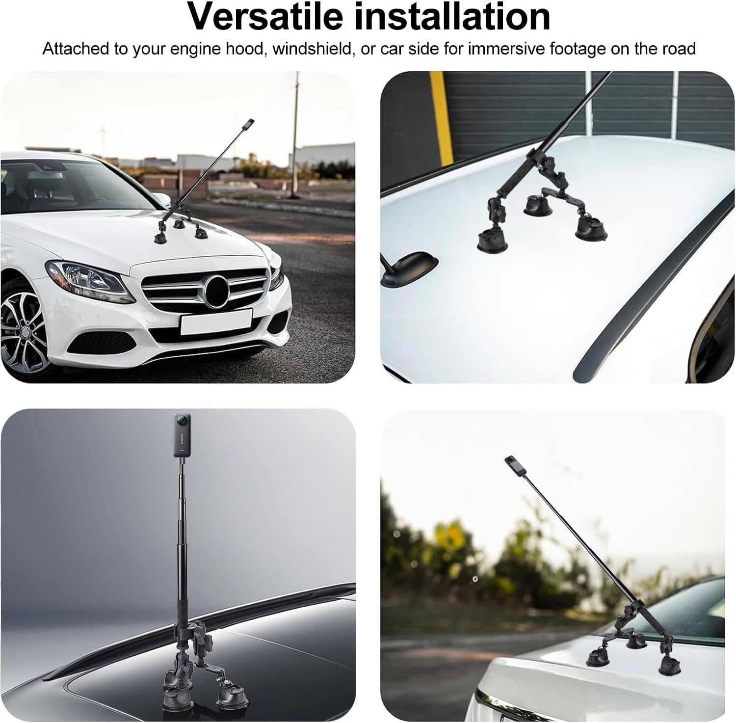 HOOMFIT Triple Suction Cup Car Mount Kit for Insta360 X4/X3 with Telescopic Pole, Can Be Mounted on the Car Window or Windshield, Compatible with Sports Camera Panoramic Shooting. image number 1