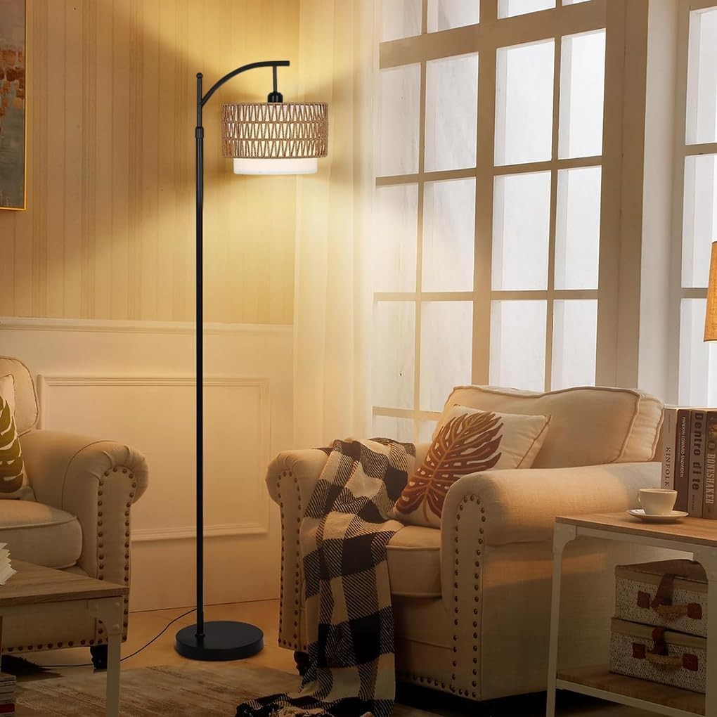 Clora Floor Lamp Standing Lamp 3 Color Temperatures Farmhouse Floor Lamps with Remote Dimmable Bulb Rattan & Fabric Shades Adjustable Tall Lamp for Bedroom Office image number 6