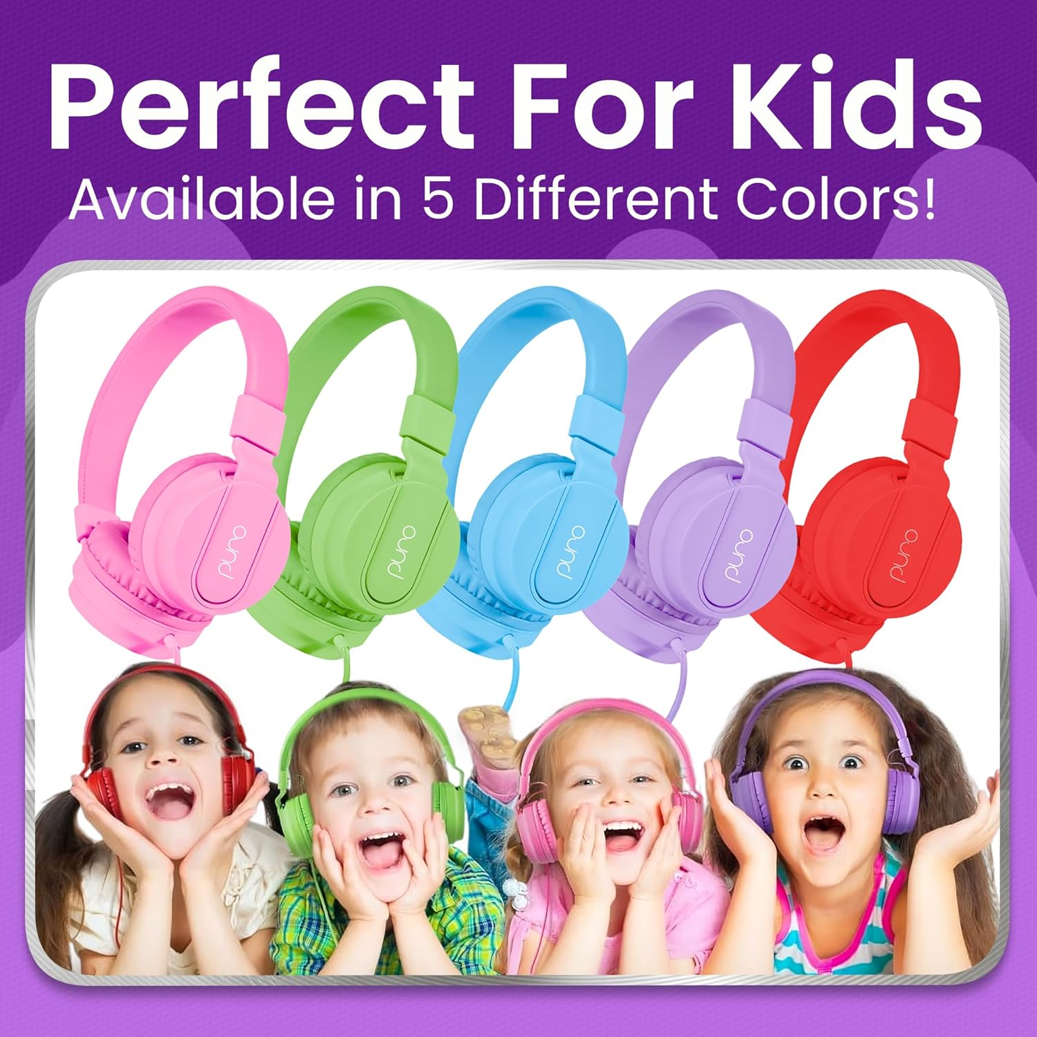 Puro Sound Labs Purobasic Volume Limiting Wired Headphones for Kids, Boys, Girls 2+ Foldable & Adjustable Headband W/Microphone, Compatible with Ipad, Iphone, Android, PC & Mac, Purple image number 5