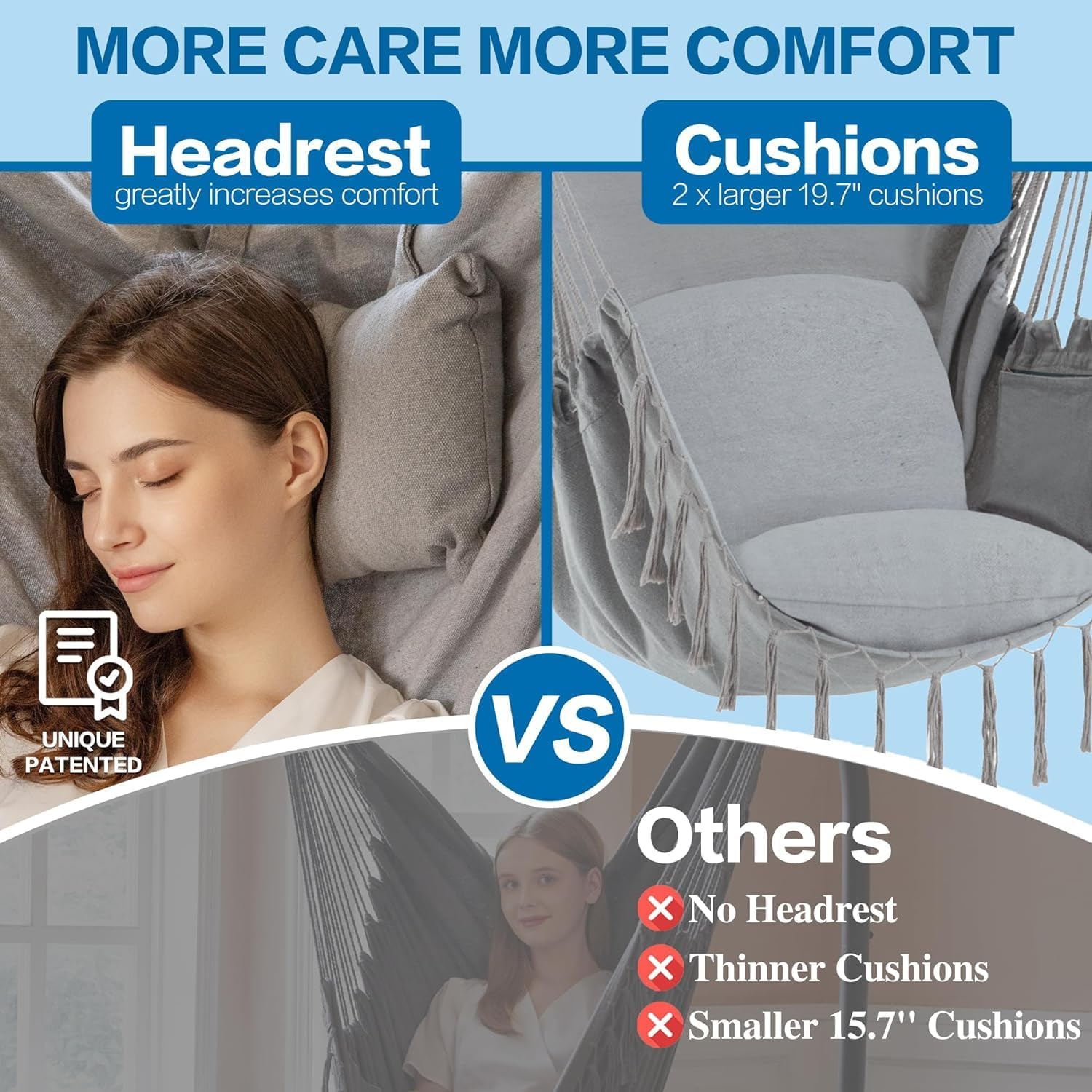 Hammock Chair Hanging Rope Swing Chair with 2 Seat Cushions & Installation Kit, Max 330 Lbs,Hammock Swing Hanging Chair for Bedroom outside Shanging Yard Patio Camping Garden (Light Grey) image number 3